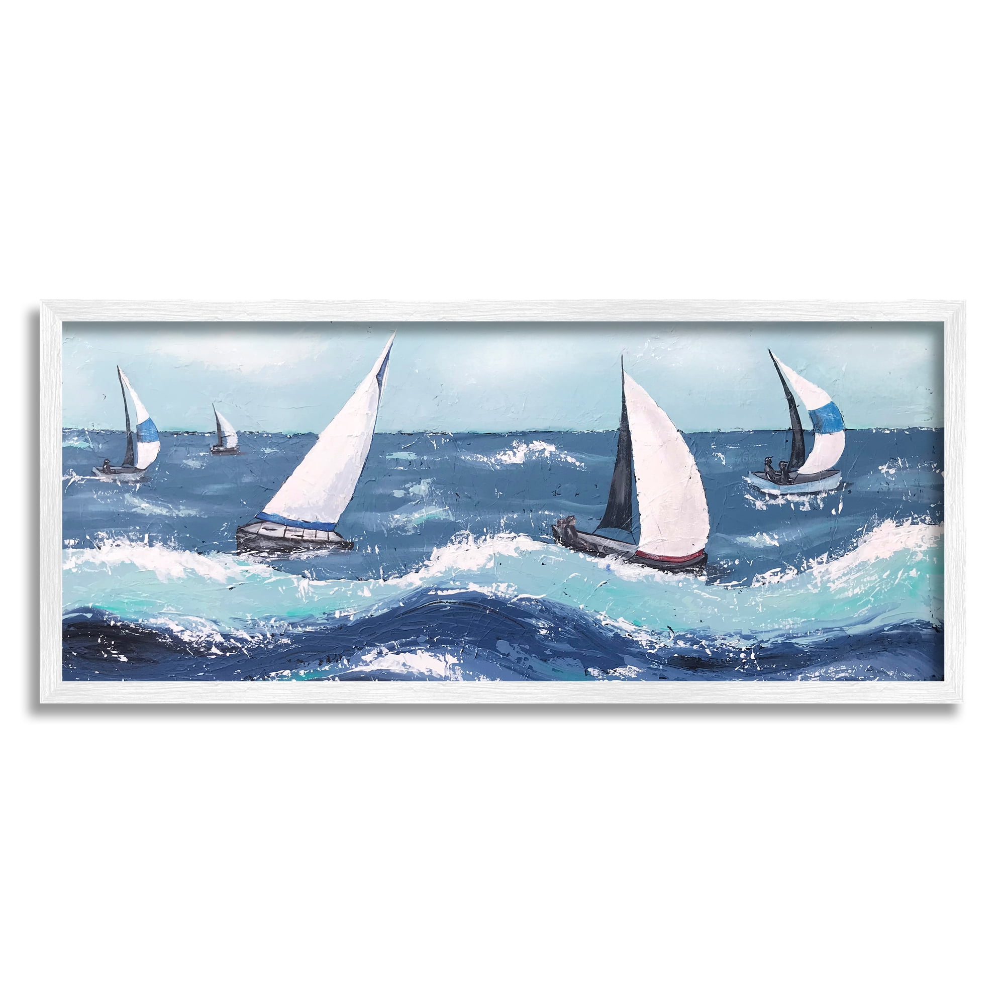 Stupell Sea Waves Splashing Sailboats Landscape Painting White Framed Art Print Wall Art