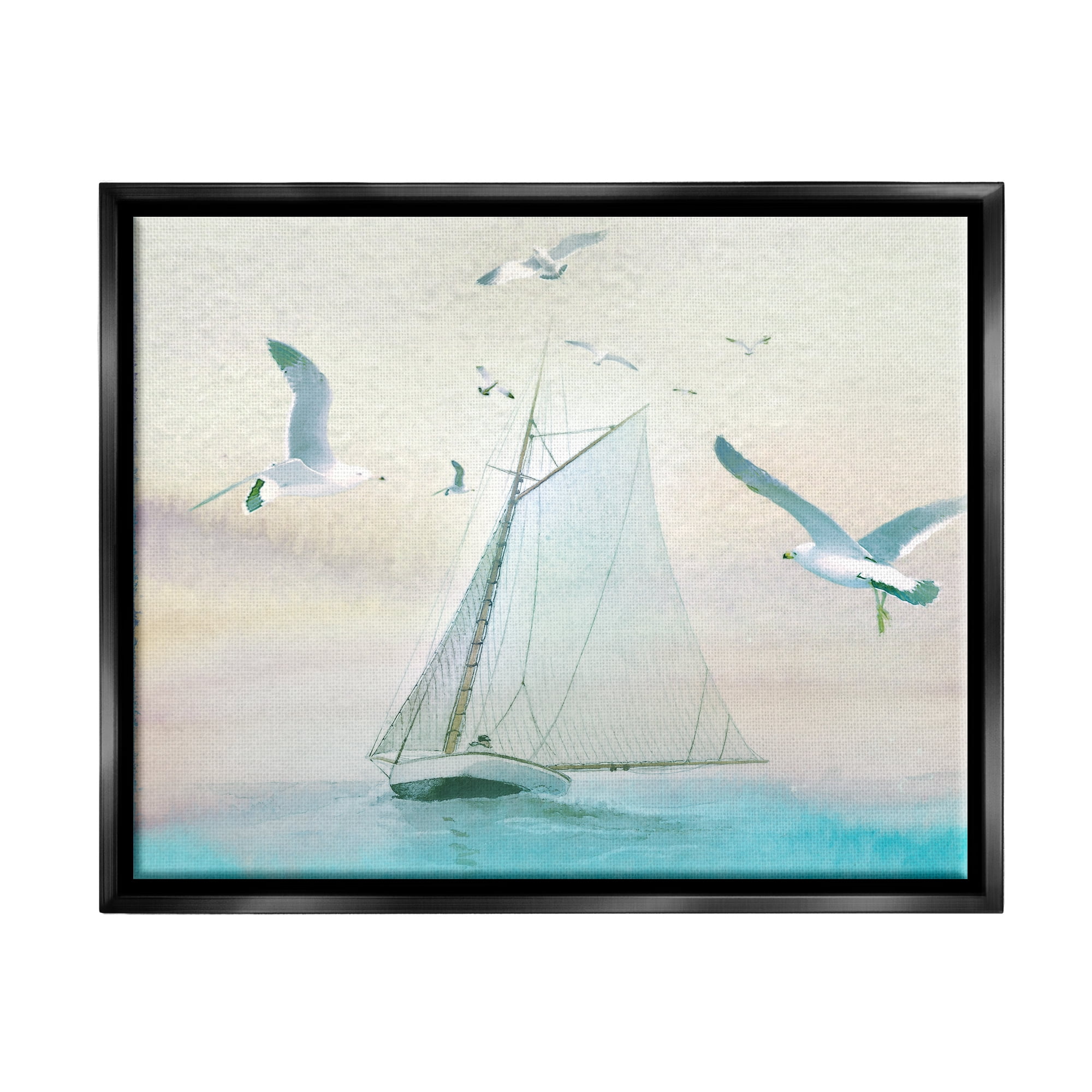Stupell Seagulls Flying Ocean Sailboat Landscape Painting Black Floater Framed Art Print Wall Art