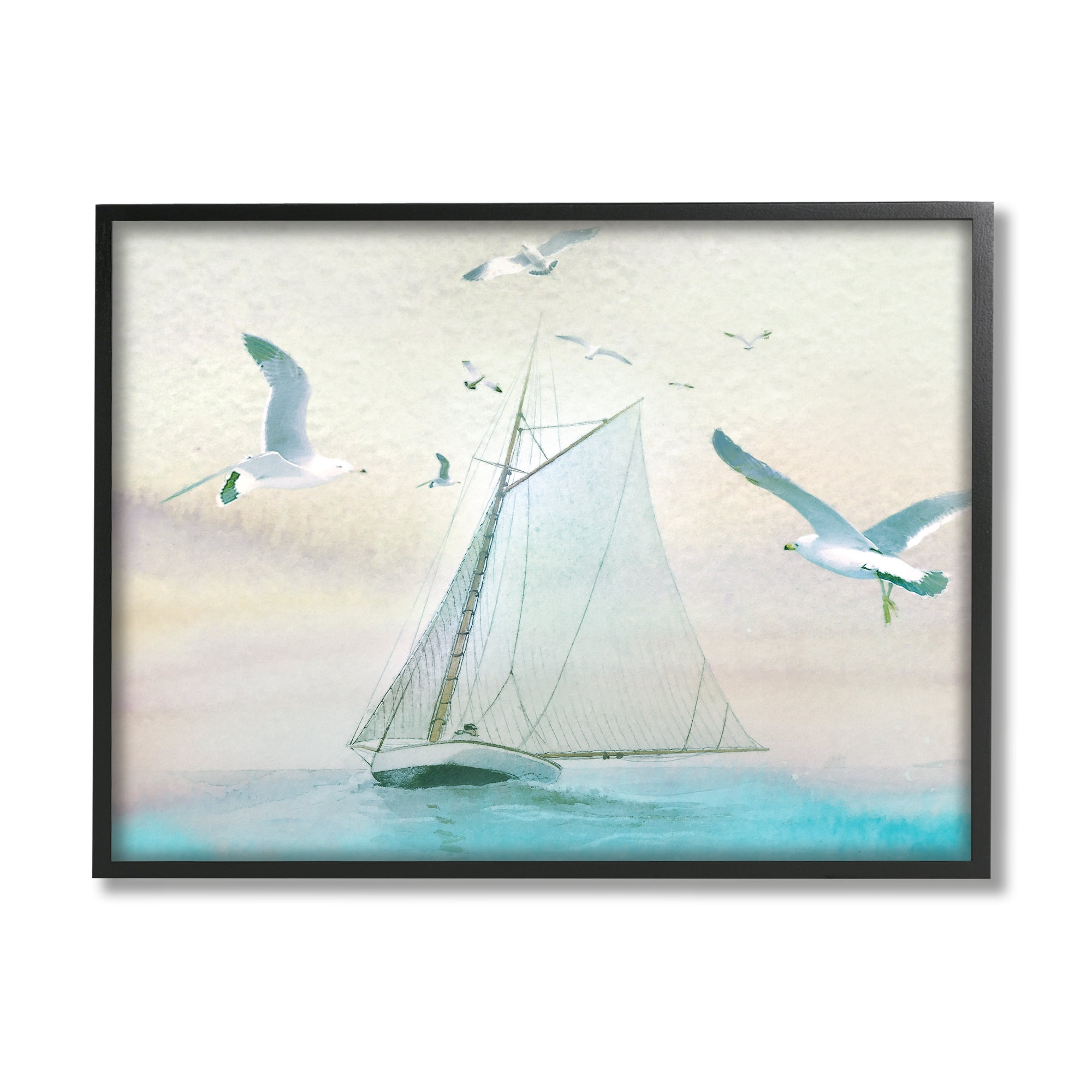 Stupell Seagulls Flying Ocean Sailboat Landscape Painting Black Framed Art Print Wall Art