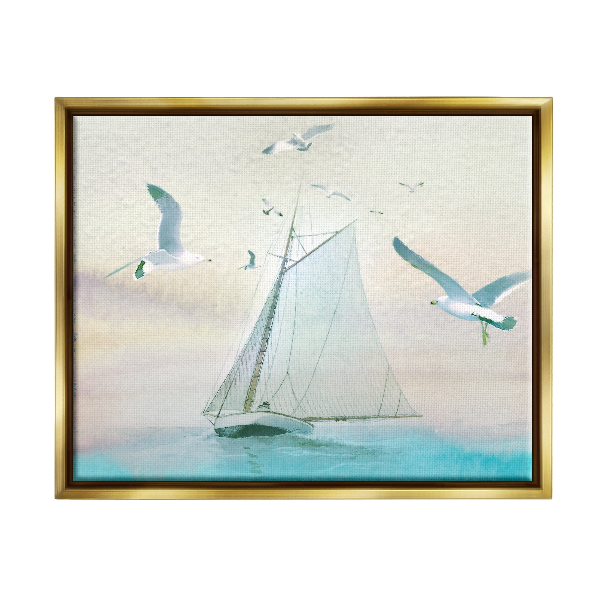 Stupell Seagulls Flying Ocean Sailboat Landscape Painting Gold Floater Framed Art Print Wall Art
