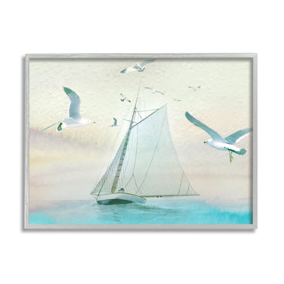 Stupell Seagulls Flying Ocean Sailboat Landscape Painting Gray Framed Art Print Wall Art