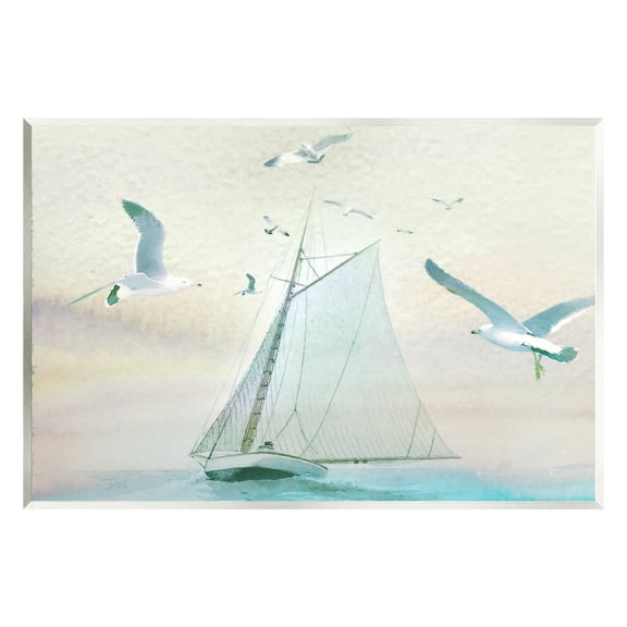 Stupell Seagulls Flying Ocean Sailboat Landscape Painting Wall Plaque Unframed Art Print Wall Art