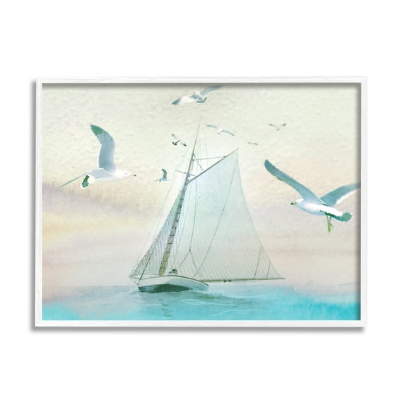 Stupell Seagulls Flying Ocean Sailboat Landscape Painting White Framed Art Print Wall Art