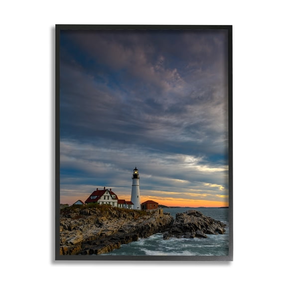 Stupell Seaside Lighthouse Beacon Coast Landscape Photography Black Framed Art Print Wall Art