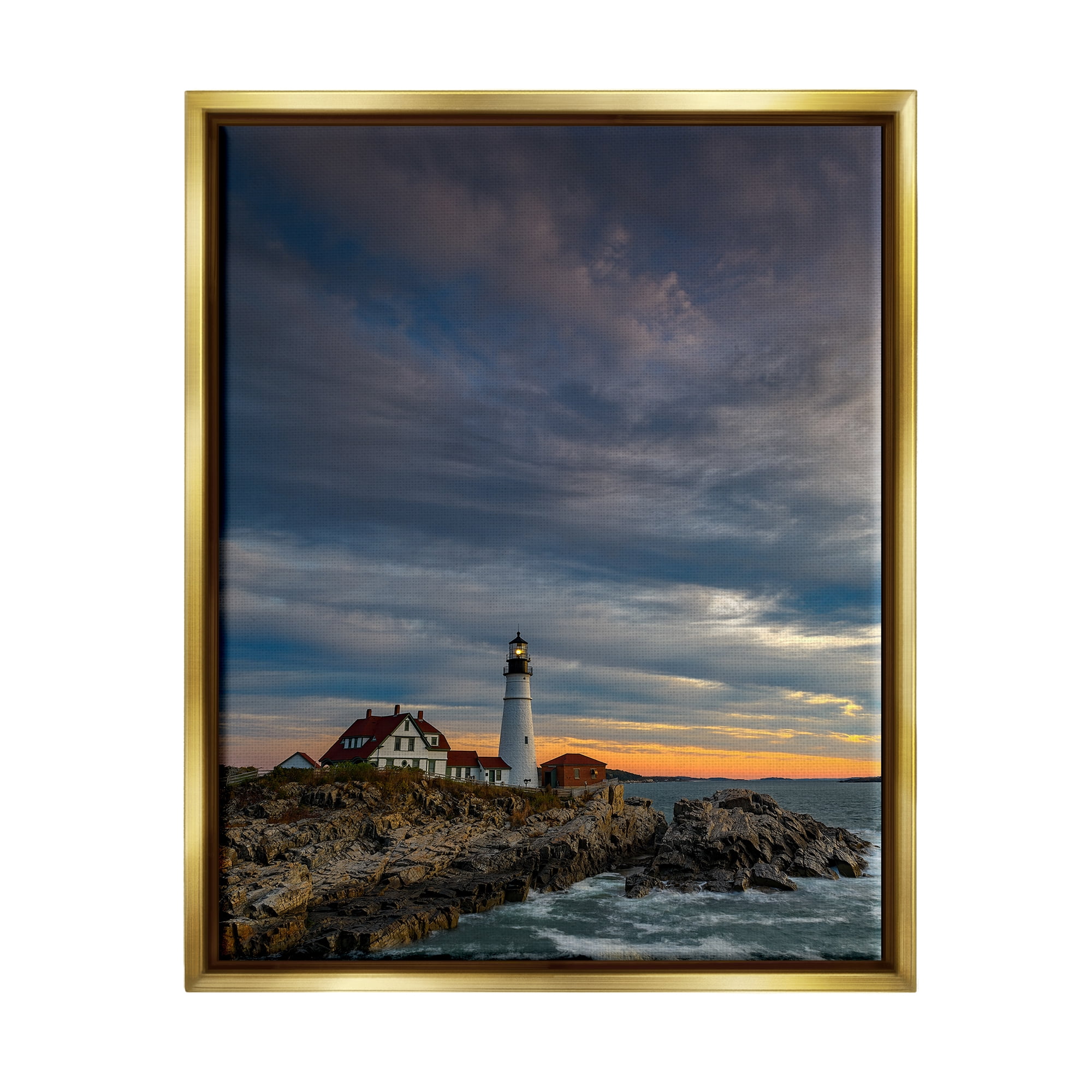 Stupell Seaside Lighthouse Beacon Coast Landscape Photography Gold Floater Framed Art Print Wall Art