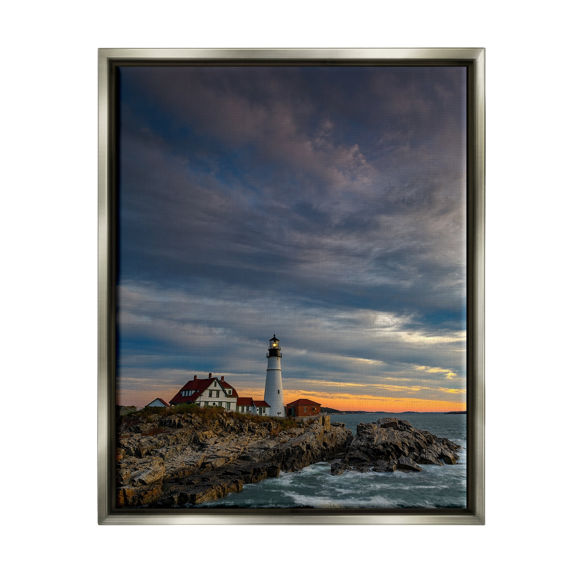 Stupell Seaside Lighthouse Beacon Coast Landscape Photography Gray Floater Framed Art Print Wall Art