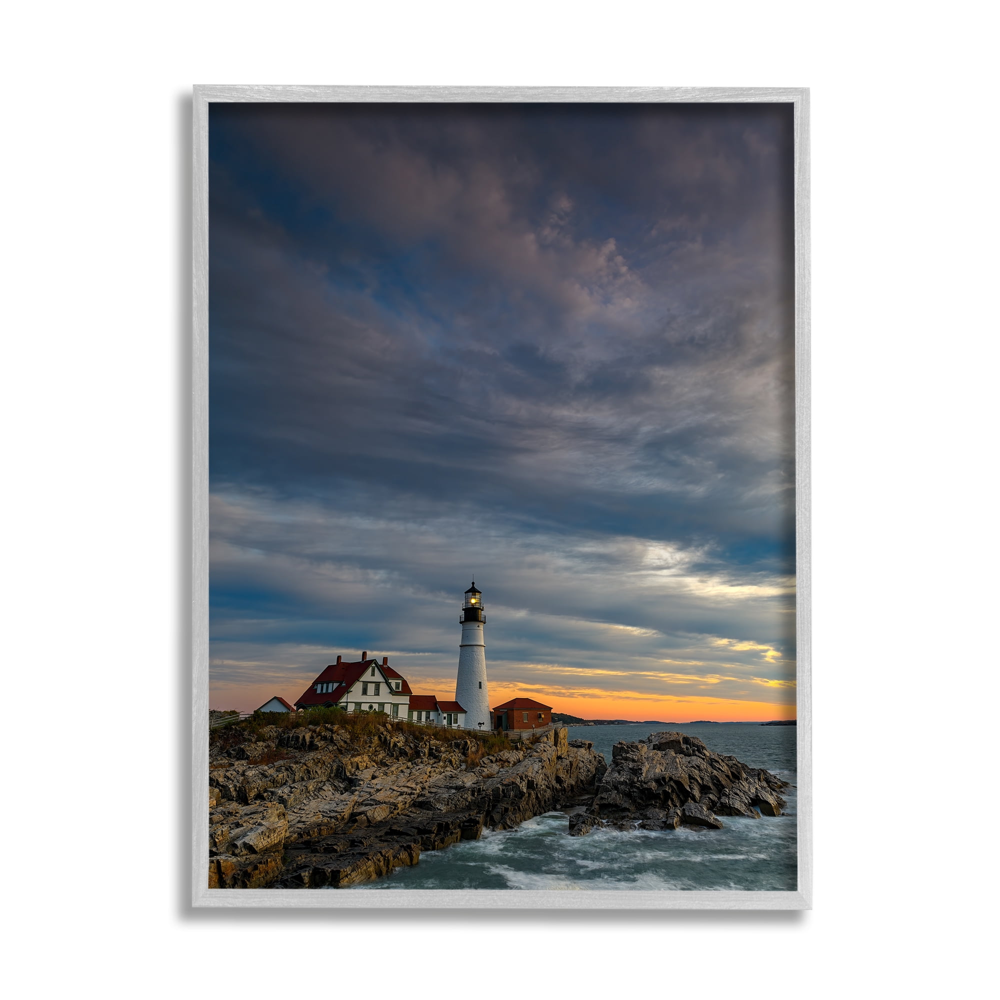Stupell Seaside Lighthouse Beacon Coast Landscape Photography Gray Framed Art Print Wall Art