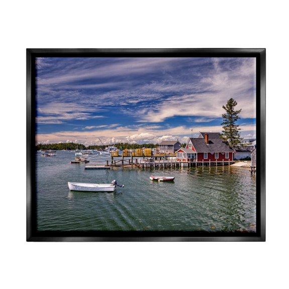 Stupell Seaside Marina Boat Harbor Landscape Photography Black Floater Framed Art Print Wall Art