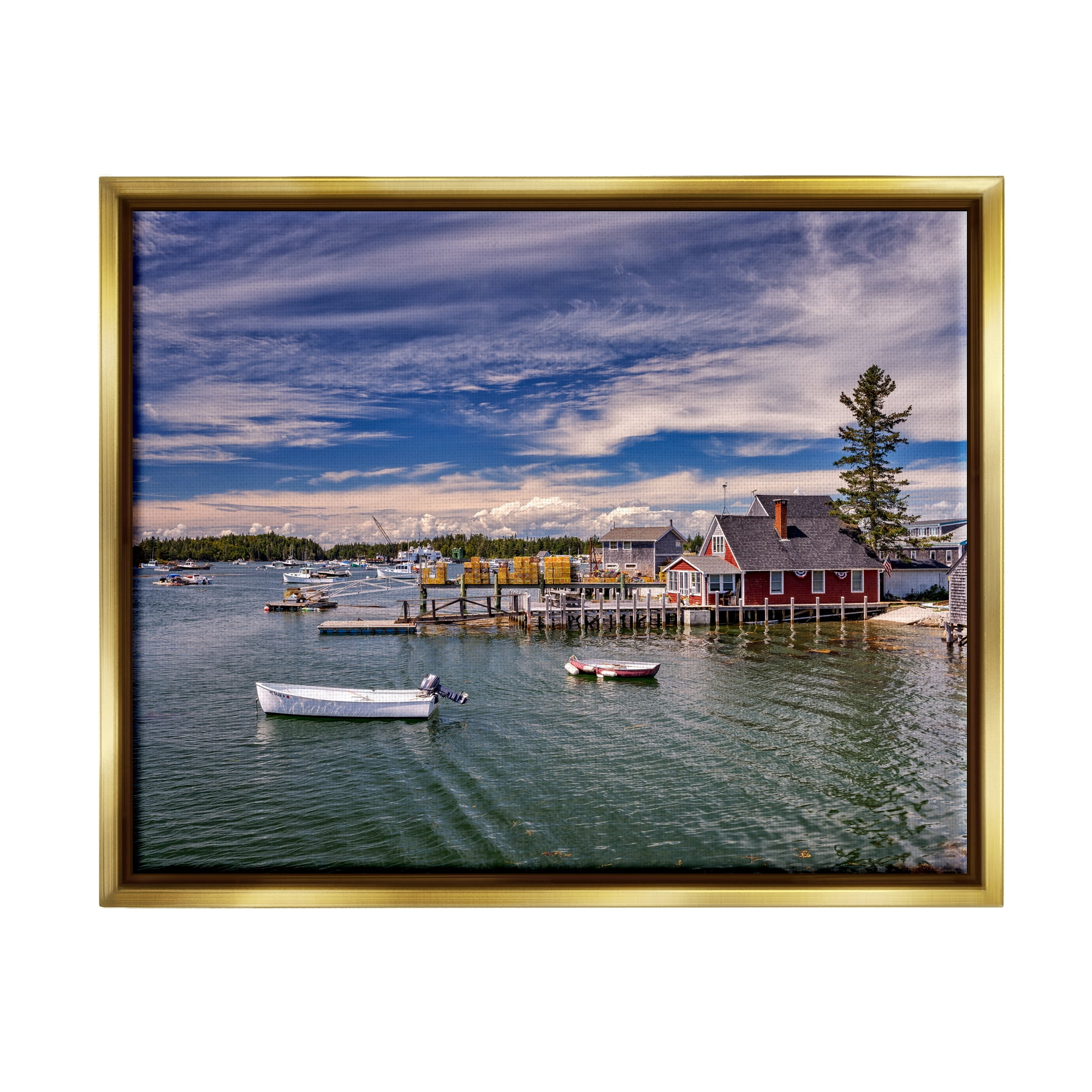 Stupell Seaside Marina Boat Harbor Landscape Photography Gold Floater Framed Art Print Wall Art
