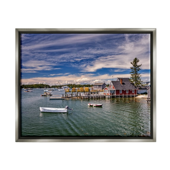 Stupell Seaside Marina Boat Harbor Landscape Photography Gray Floater Framed Art Print Wall Art