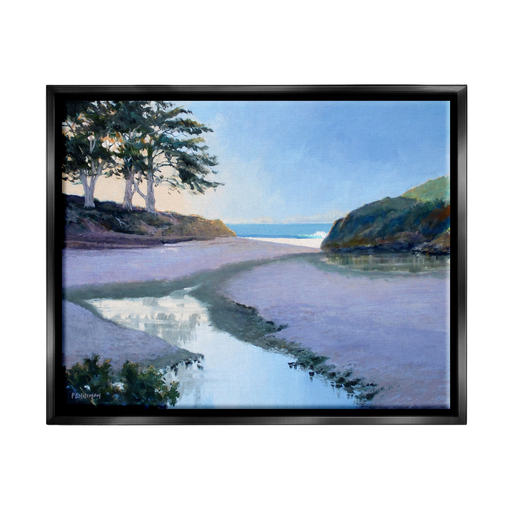 Stupell Seaside Riverbank Beach Shore Landscape Painting Black Floater Framed Art Print Wall Art