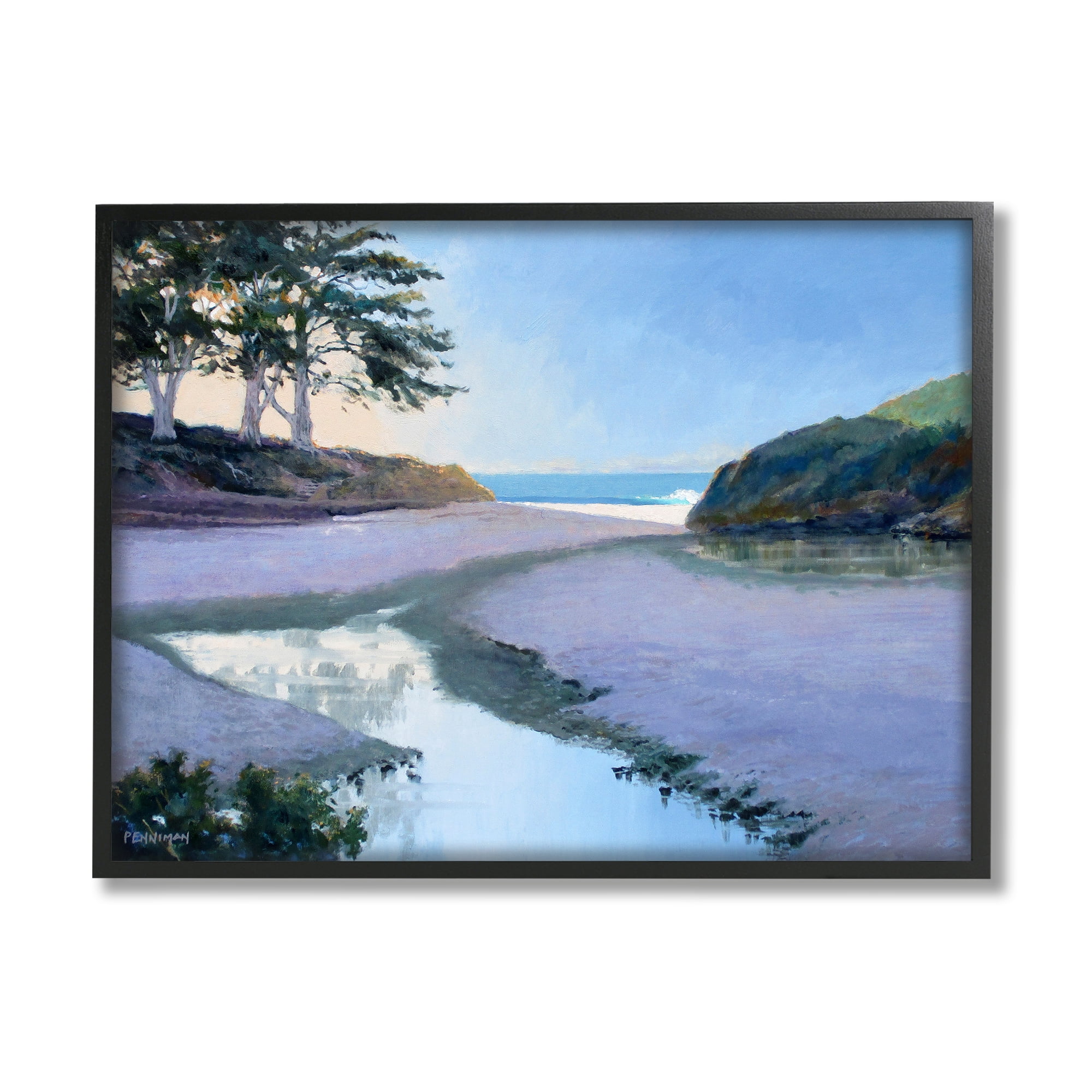 Stupell Seaside Riverbank Beach Shore Landscape Painting Black Framed Art Print Wall Art
