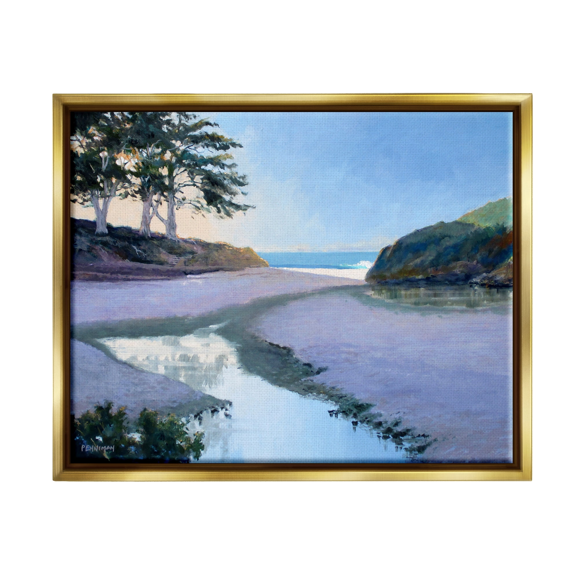 Stupell Seaside Riverbank Beach Shore Landscape Painting Gold Floater Framed Art Print Wall Art