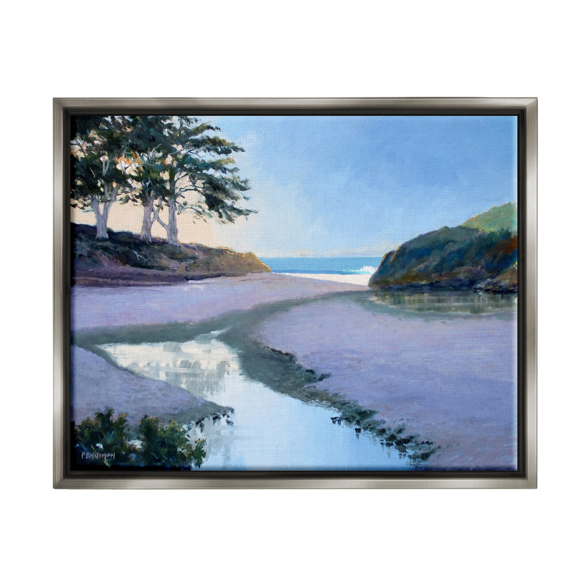 Stupell Seaside Riverbank Beach Shore Landscape Painting Gray Floater Framed Art Print Wall Art