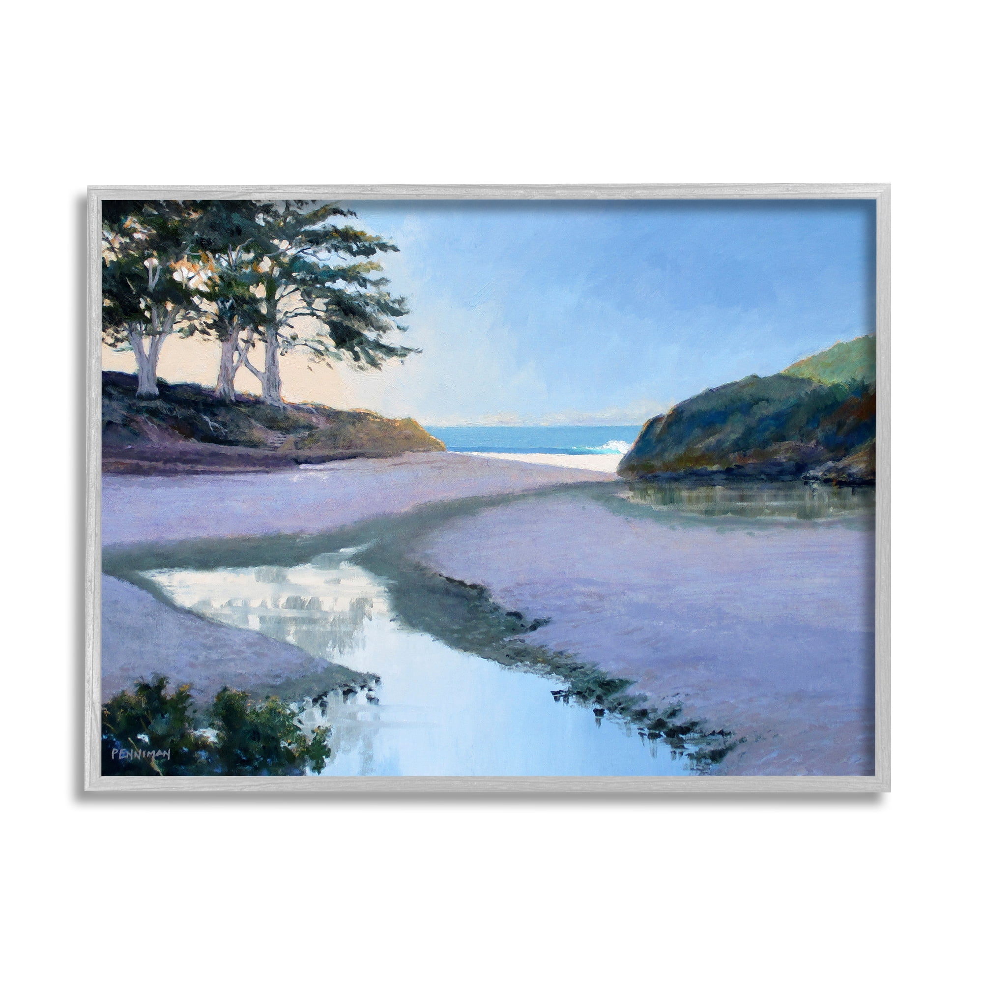 Stupell Seaside Riverbank Beach Shore Landscape Painting Gray Framed Art Print Wall Art