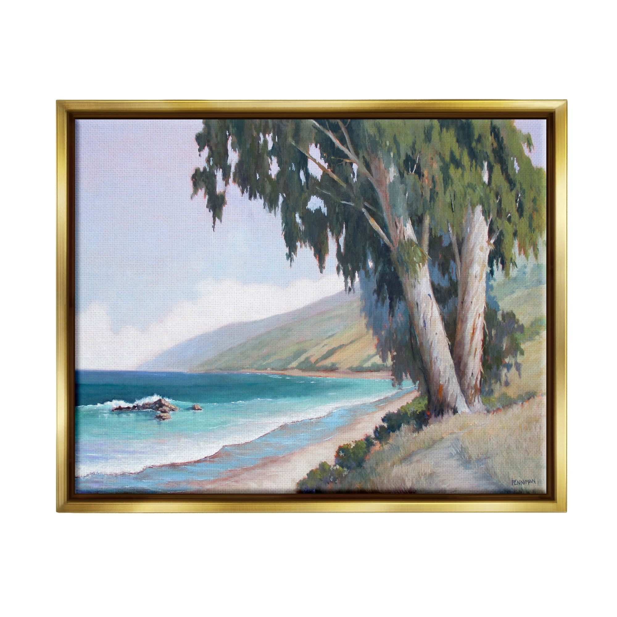 Stupell Seaside Vegetation Beach Waves Cove Landscape Painting Gold Floater Framed Art Print Wall Art
