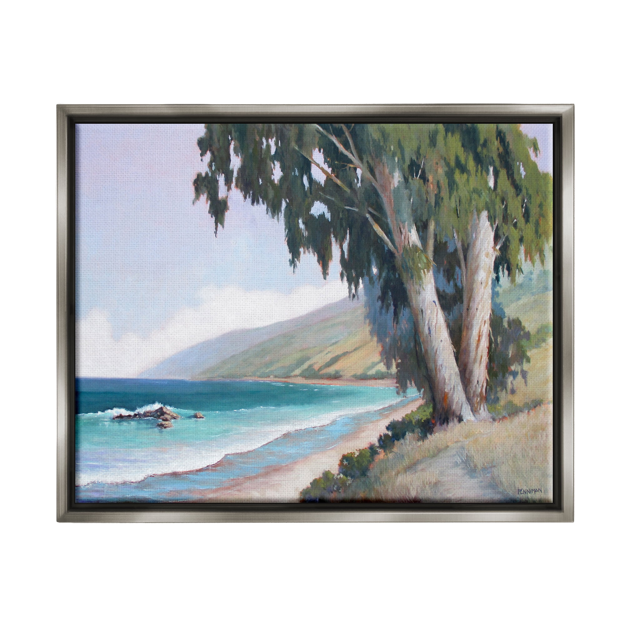 Stupell Seaside Vegetation Beach Waves Cove Landscape Painting Gray Floater Framed Art Print Wall Art