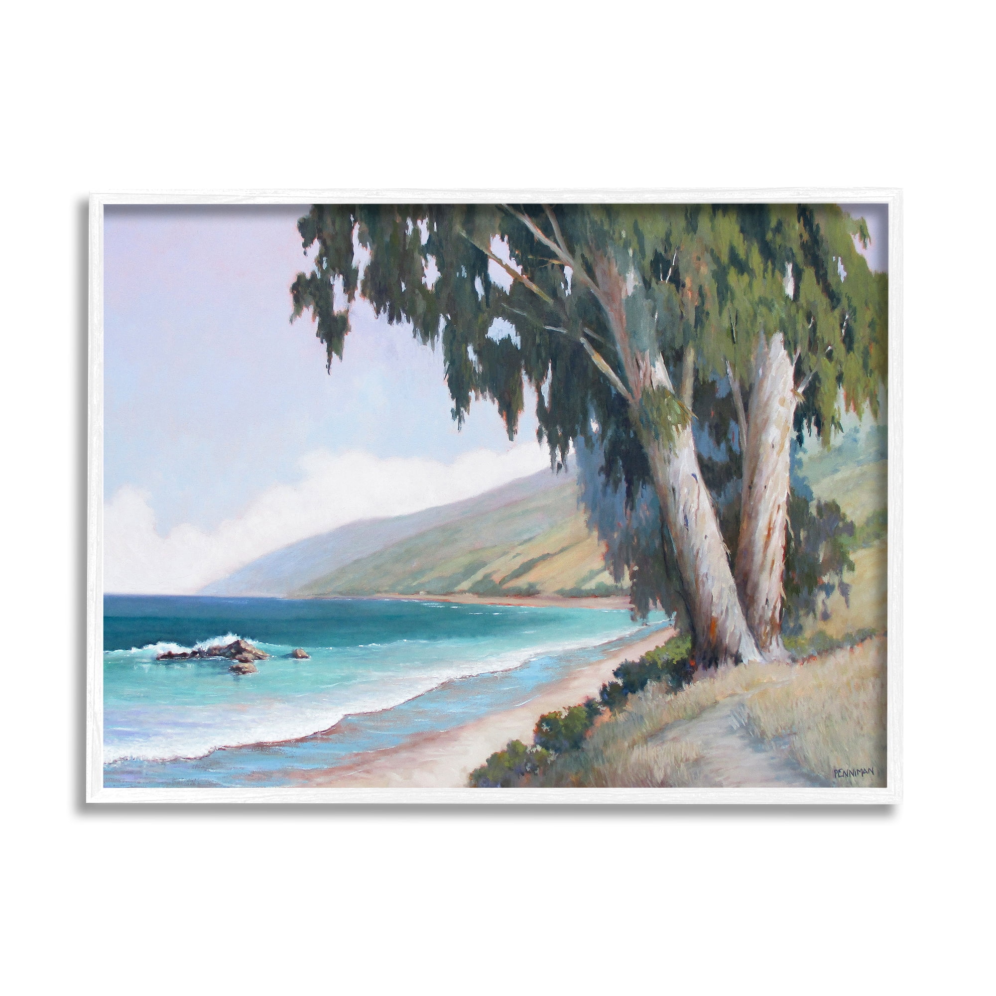 Stupell Seaside Vegetation Beach Waves Cove Landscape Painting White Framed Art Print Wall Art