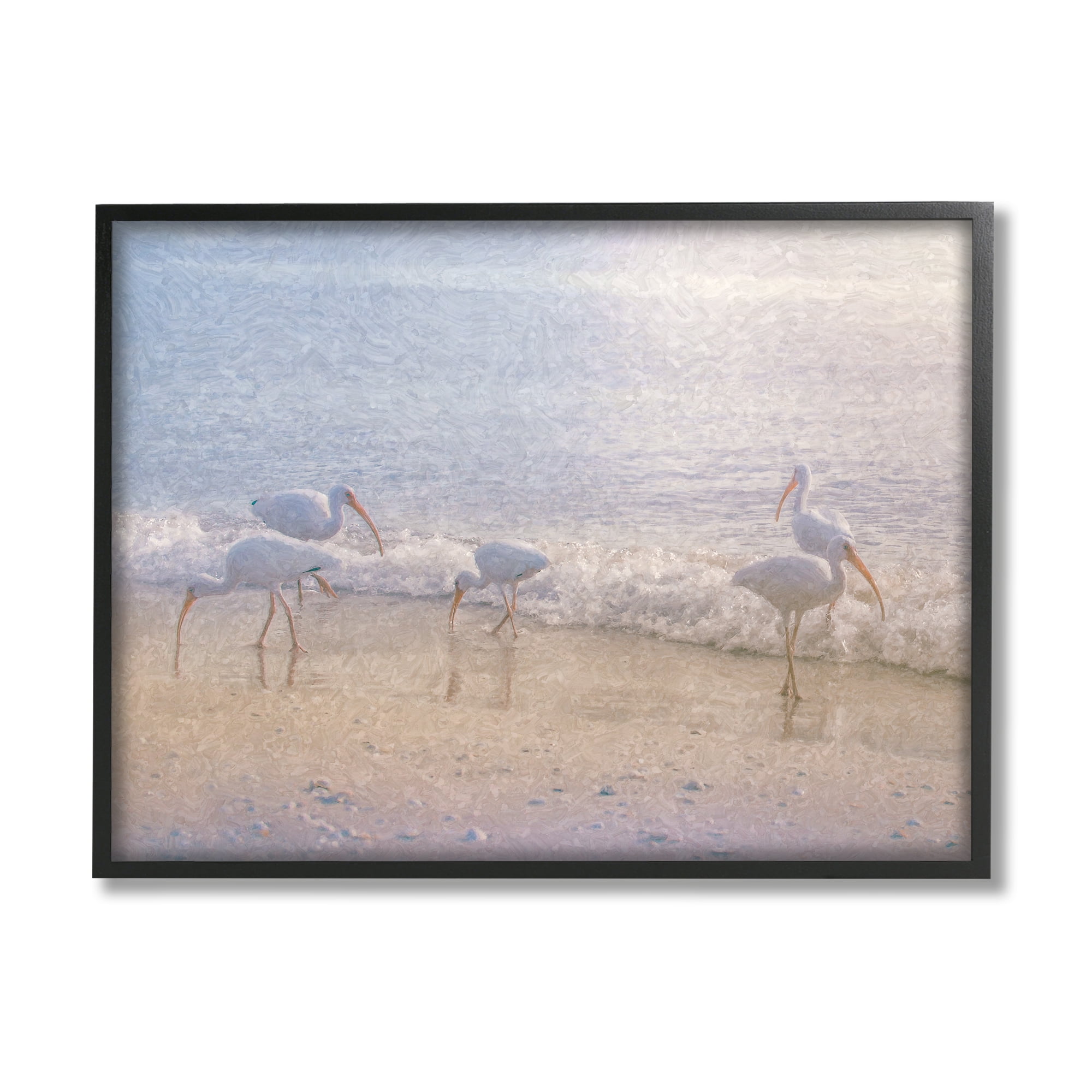 Stupell Seaside Waves Bird Flock Grazing Landscape Painting Black Framed Art Print Wall Art