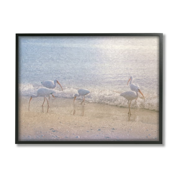 Stupell Seaside Waves Bird Flock Grazing Landscape Painting Black Framed Art Print Wall Art