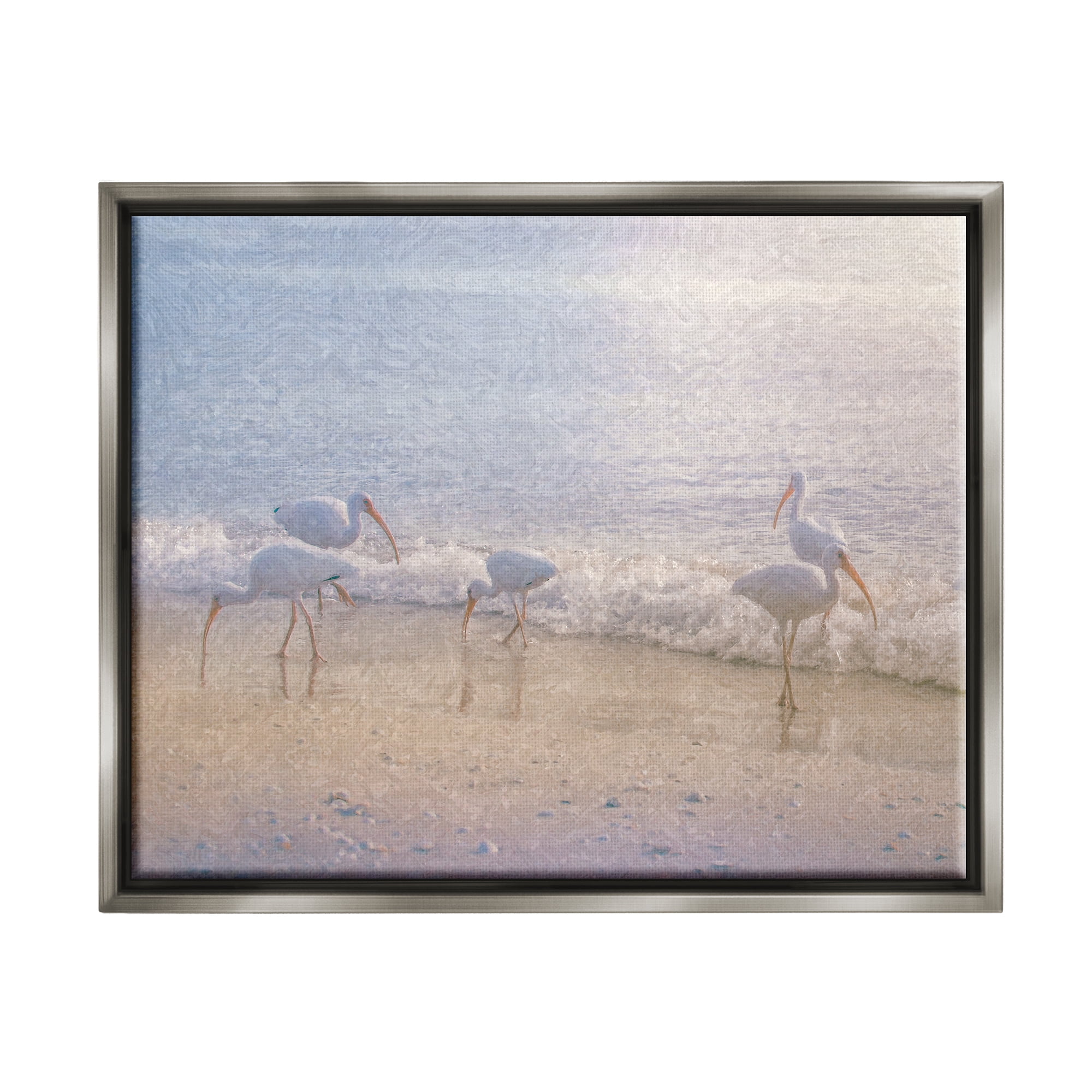 Stupell Seaside Waves Bird Flock Grazing Landscape Painting Gray Floater Framed Art Print Wall Art