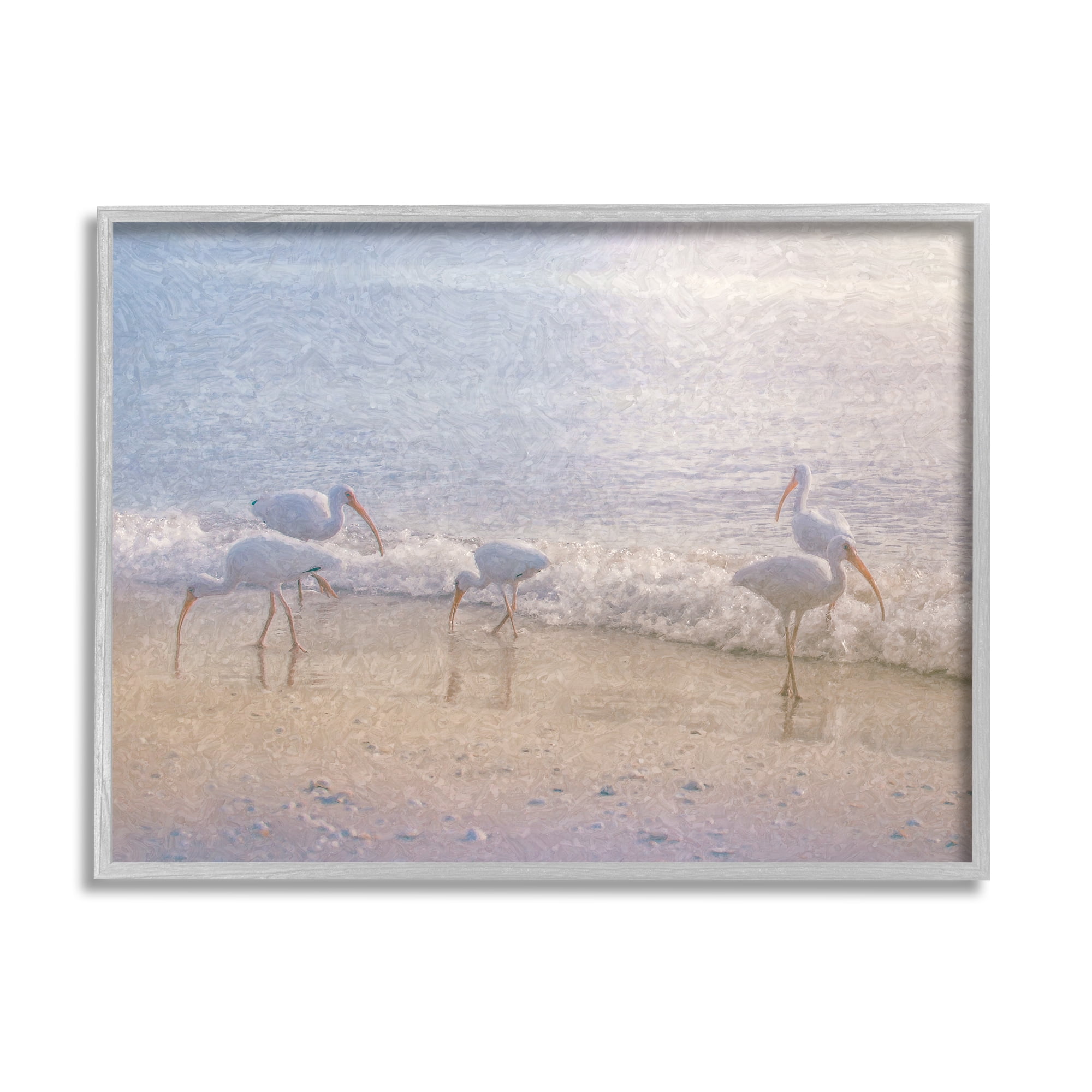 Stupell Seaside Waves Bird Flock Grazing Landscape Painting Gray Framed Art Print Wall Art