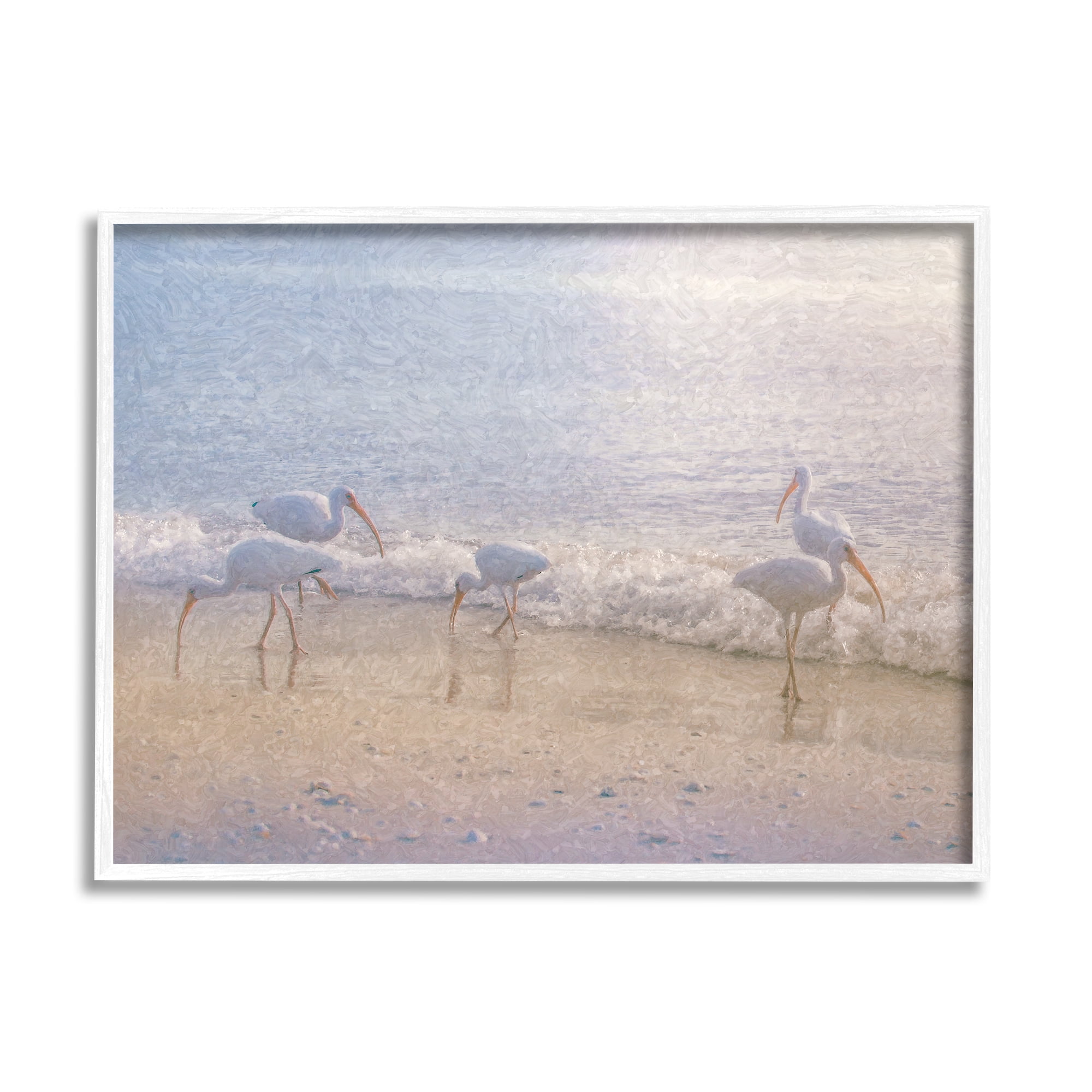 White Framed Seaside Waves Bird Flock Grazing Art Print