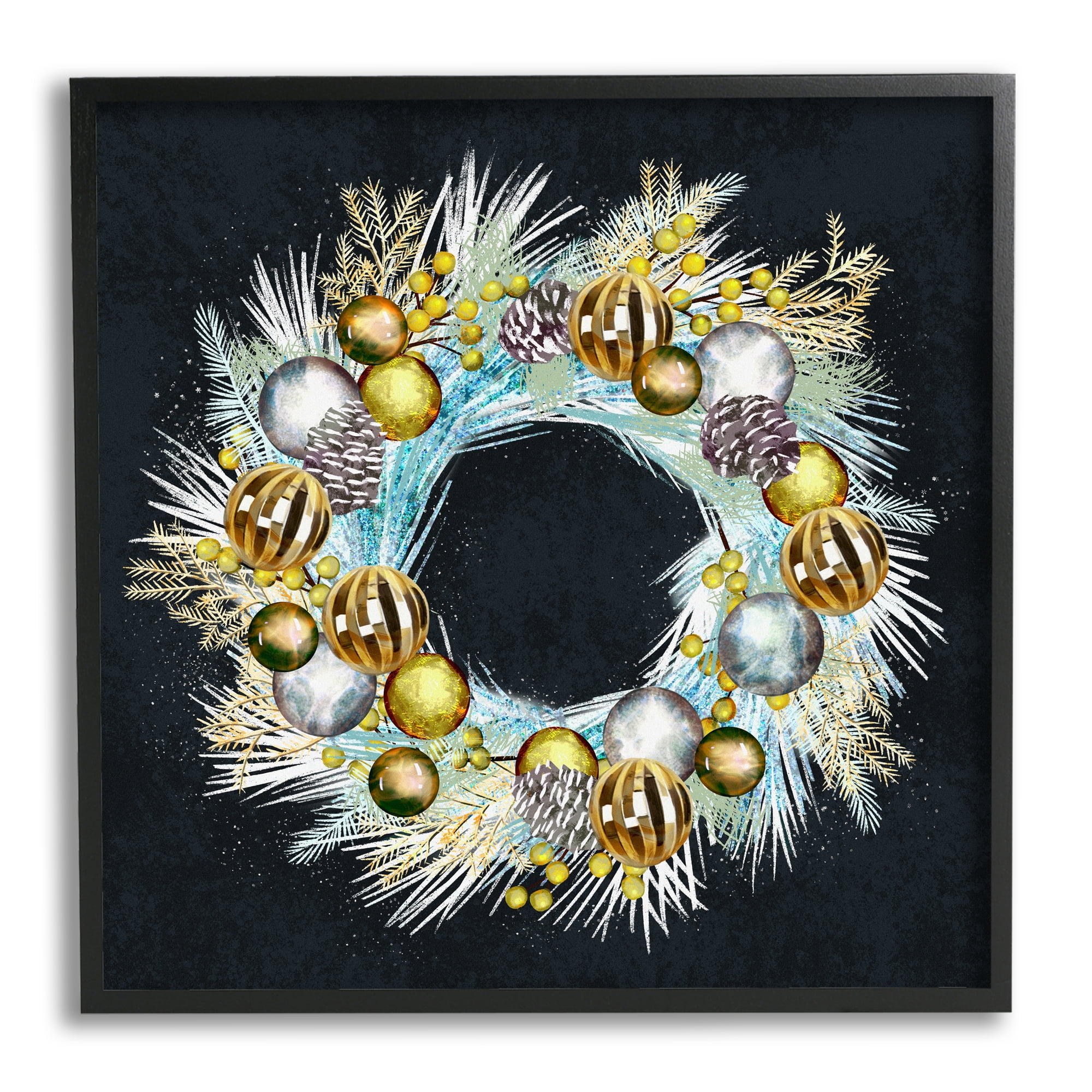 Stupell Seasonal Ornaments Pine Wreath Holiday Painting Black Framed Art Print Wall Art