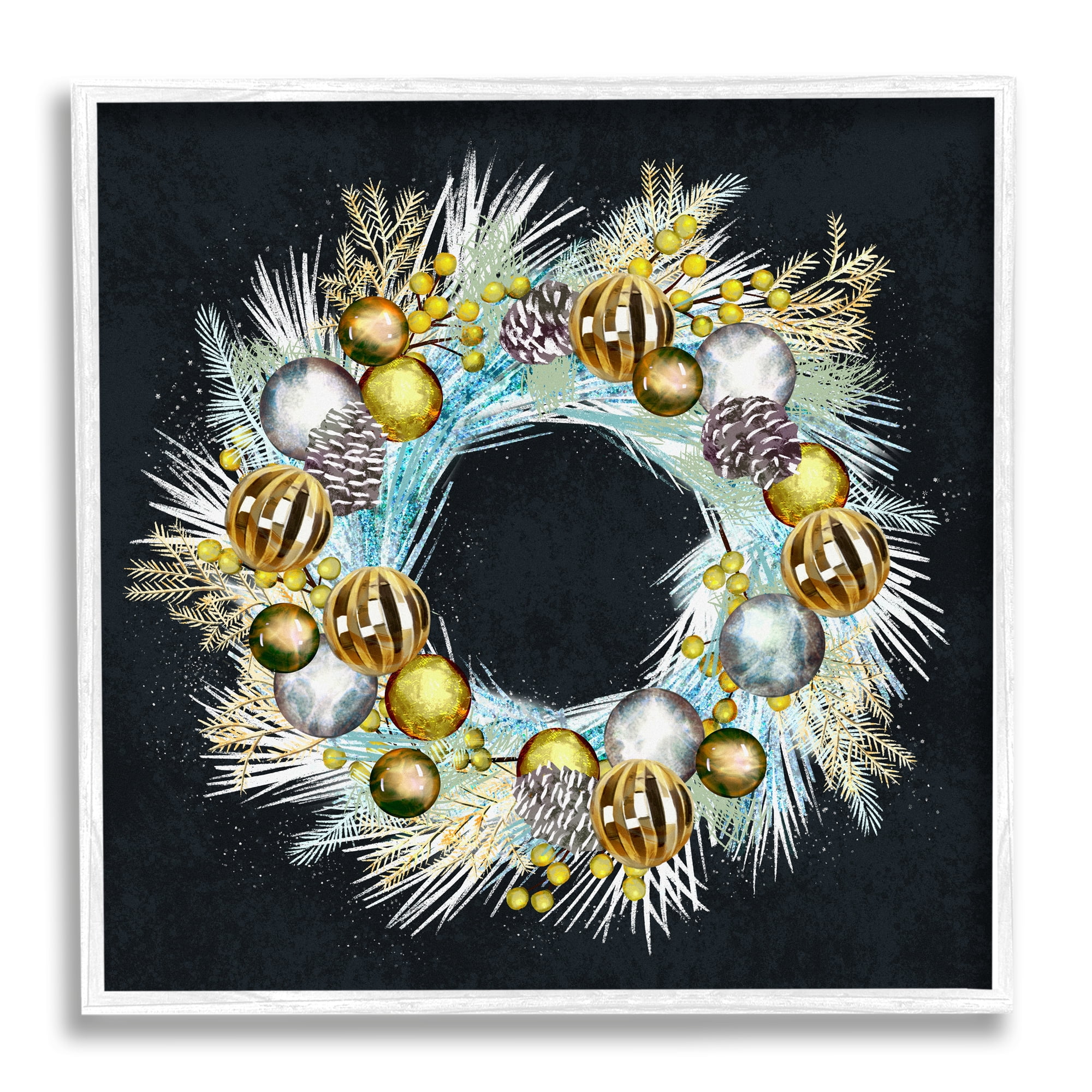 Stupell Seasonal Ornaments Pine Wreath Holiday Painting White Framed Art Print Wall Art