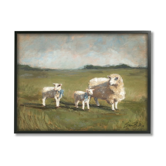 Stupell Sheep & Lamb Family Rural Grazing Animals & Insects Painting Black Framed Art Print Wall Art