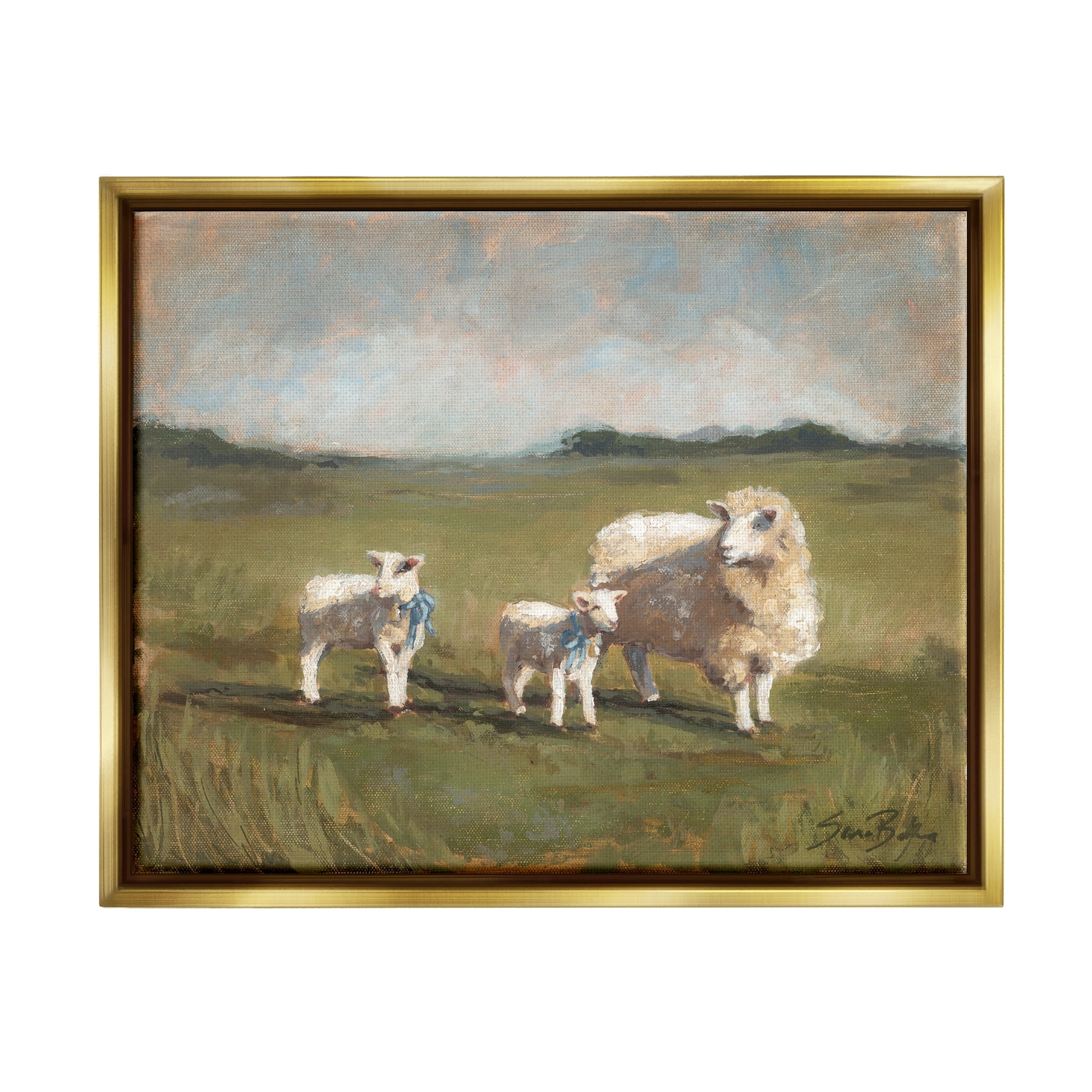 Stupell Sheep & Lamb Family Rural Grazing Animals & Insects Painting Gold Floater Framed Art Print Wall Art