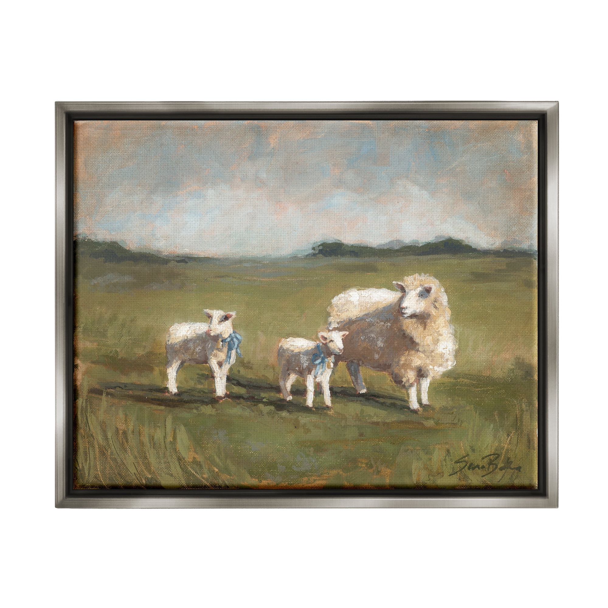 Stupell Sheep & Lamb Family Rural Grazing Animals & Insects Painting Gray Floater Framed Art Print Wall Art