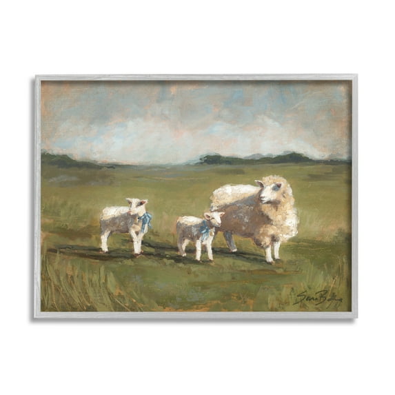 Stupell Sheep & Lamb Family Rural Grazing Animals & Insects Painting Gray Framed Art Print Wall Art