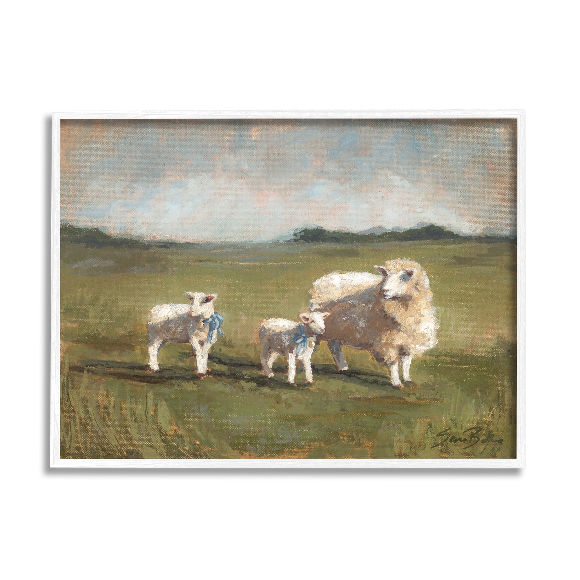 Stupell Sheep & Lamb Family Rural Grazing Animals & Insects Painting White Framed Art Print Wall Art
