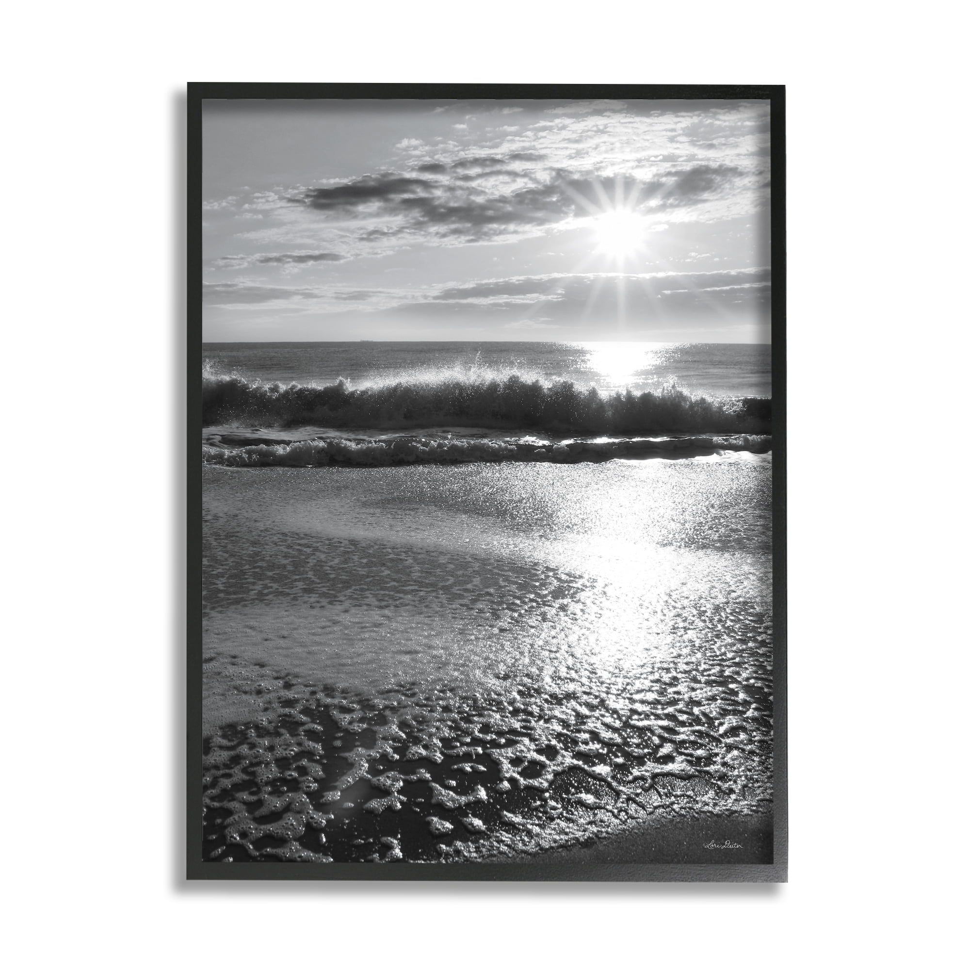 Stupell Shining Sun Beach Foam Reflection Landscape Photography Black Framed Art Print Wall Art
