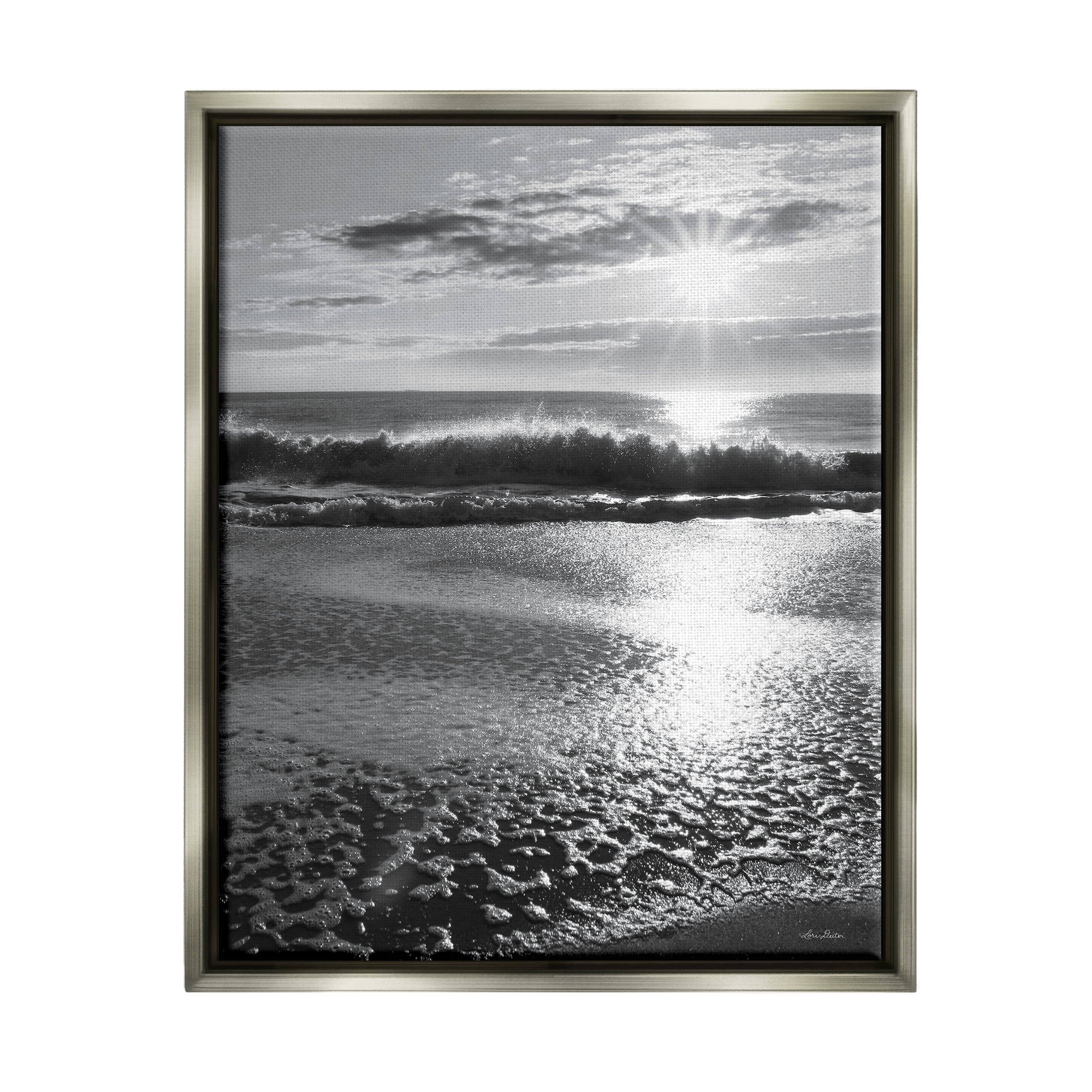 Stupell Shining Sun Beach Foam Reflection Landscape Photography Gray Floater Framed Art Print Wall Art
