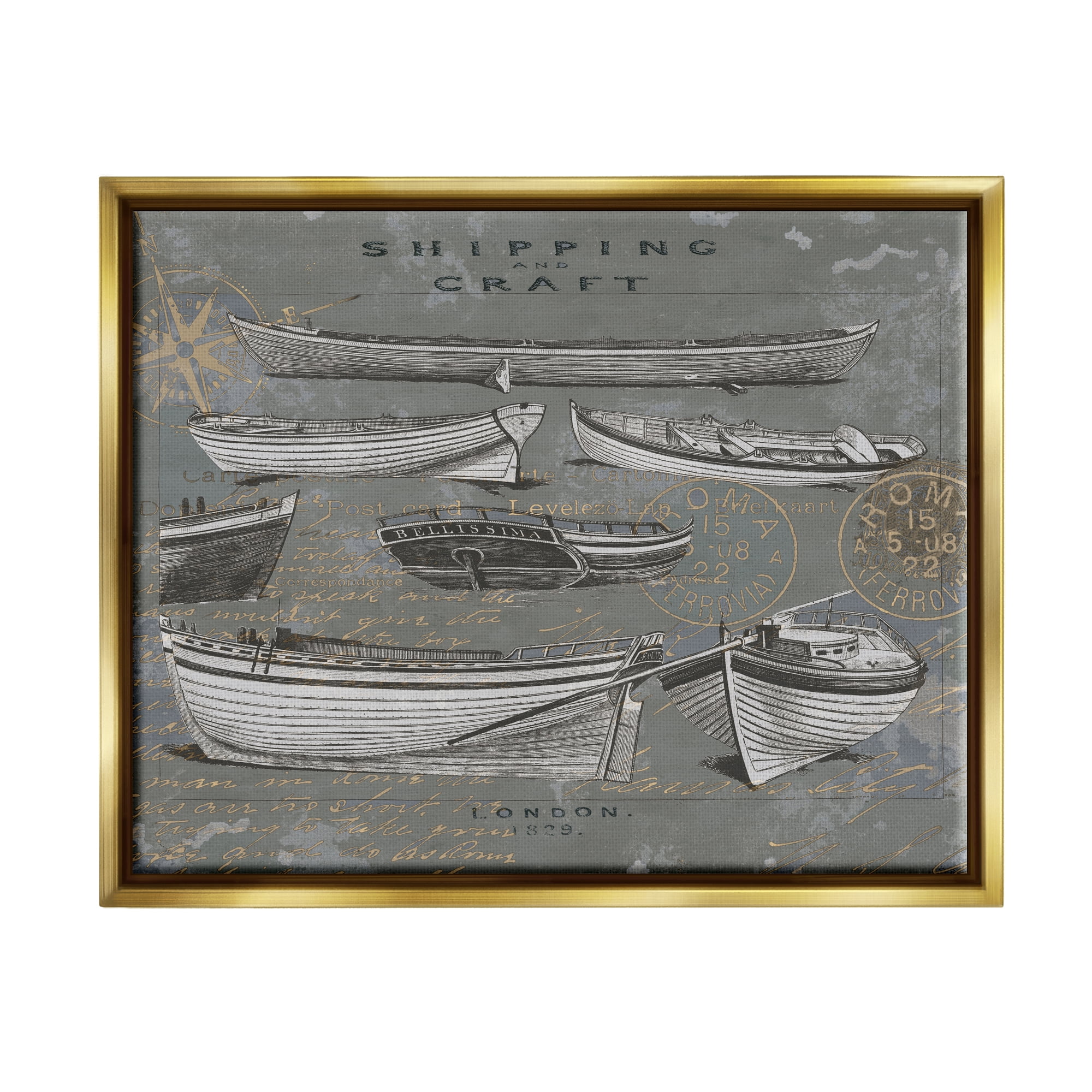 Gold Floater Framed Shipping and Craft Boats Canvas Print