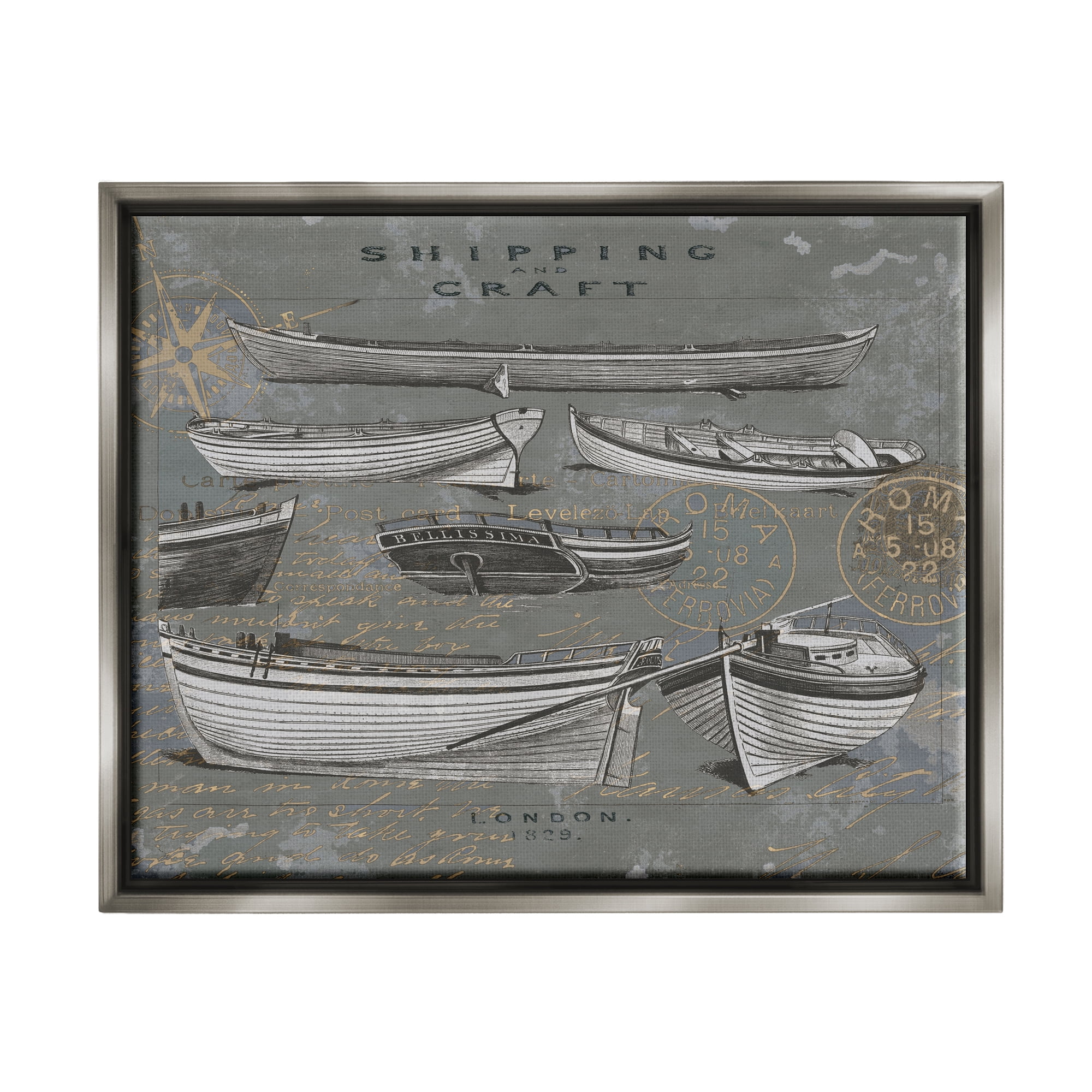 Stupell Shipping & Craft Various Boats Diagram Transportation Painting Gray Floater Framed Art Print Wall Art