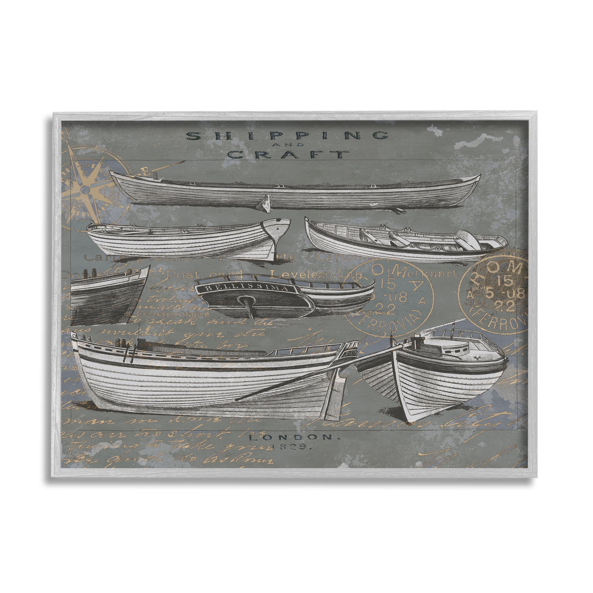 Stupell Shipping & Craft Various Boats Diagram Transportation Painting Gray Framed Art Print Wall Art