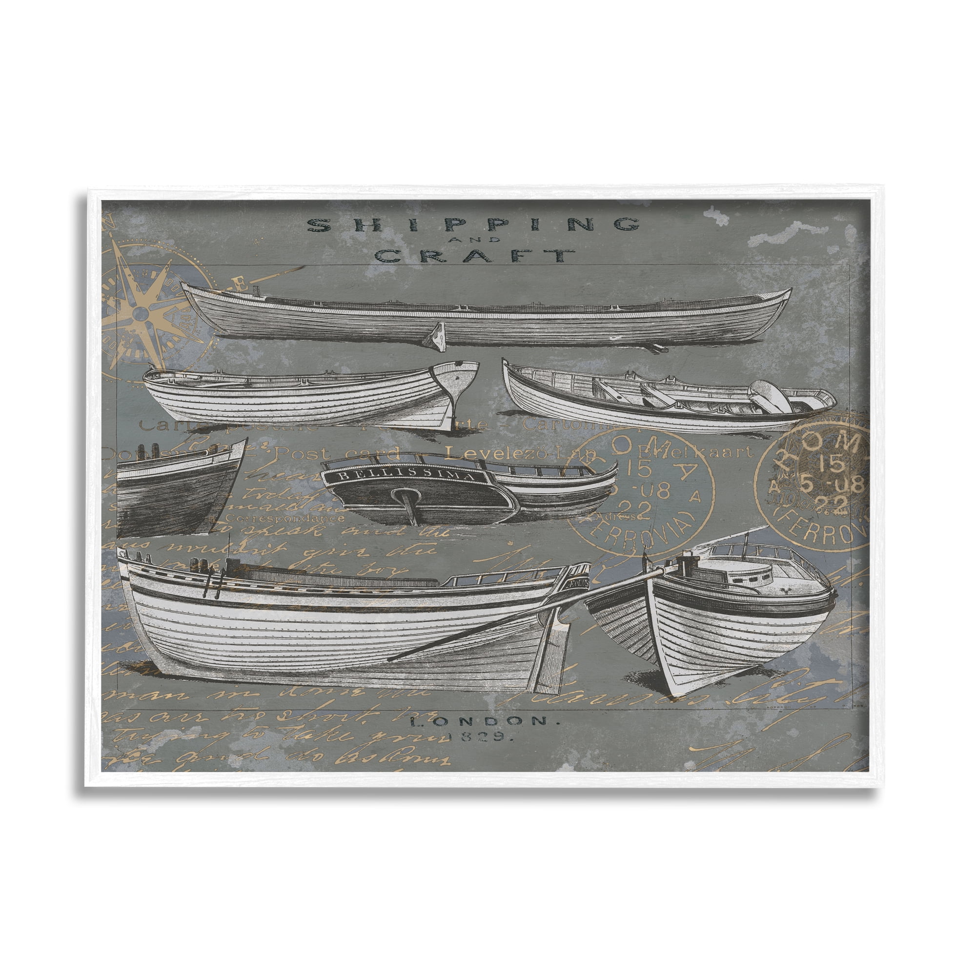 Stupell Shipping & Craft Various Boats Diagram Transportation Painting White Framed Art Print Wall Art