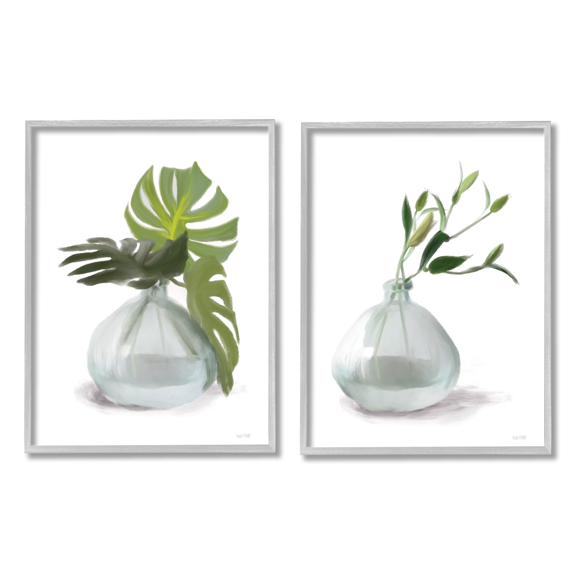 Stupell Simple Monstera Plant Leaf Sprigs Botanical & Floral Painting Gray Framed Art Print Wall Art, Set of 2