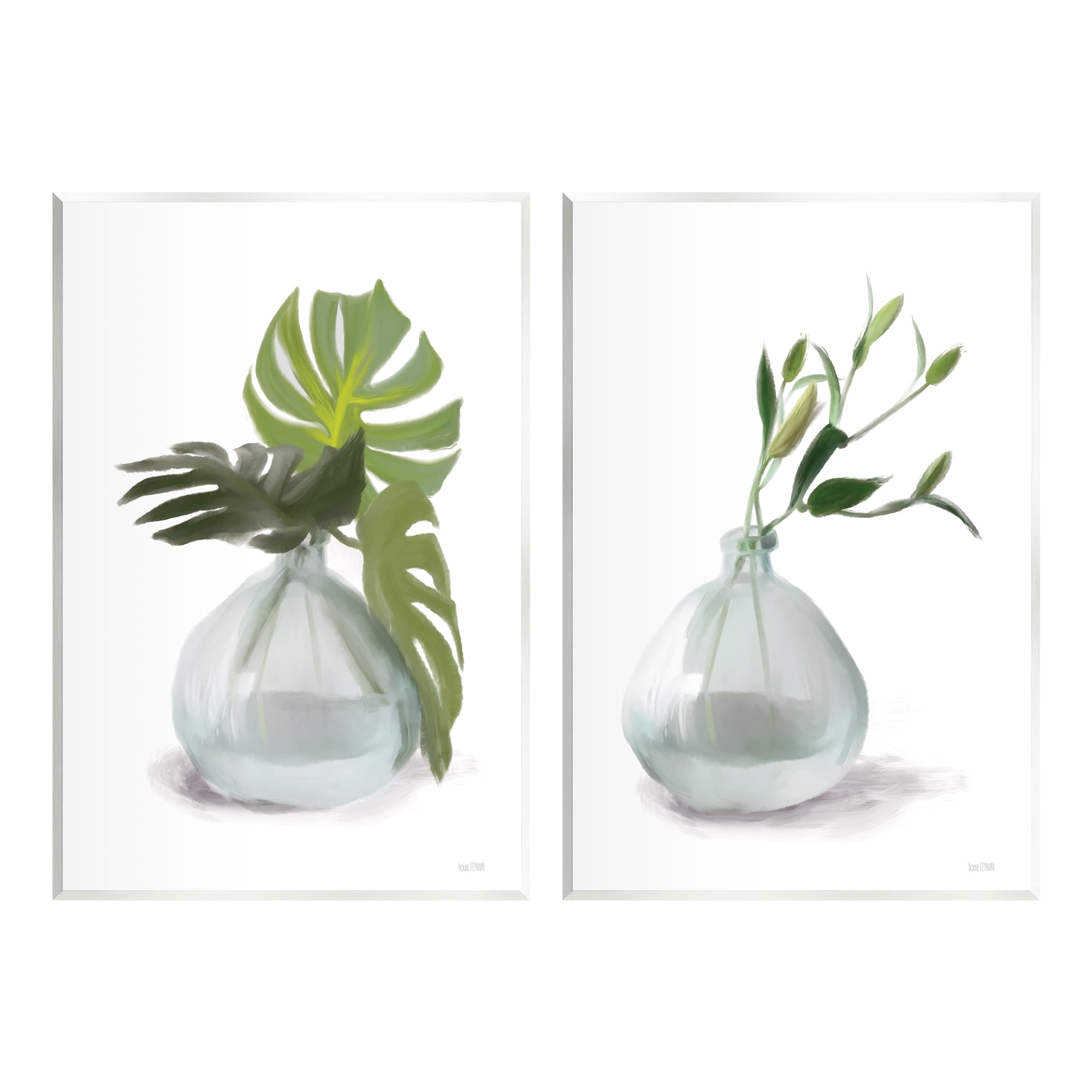 Stupell Simple Monstera Plant Leaf Sprigs Botanical & Floral Painting Wall Plaque Unframed Art Print Wall Art, Set of 2