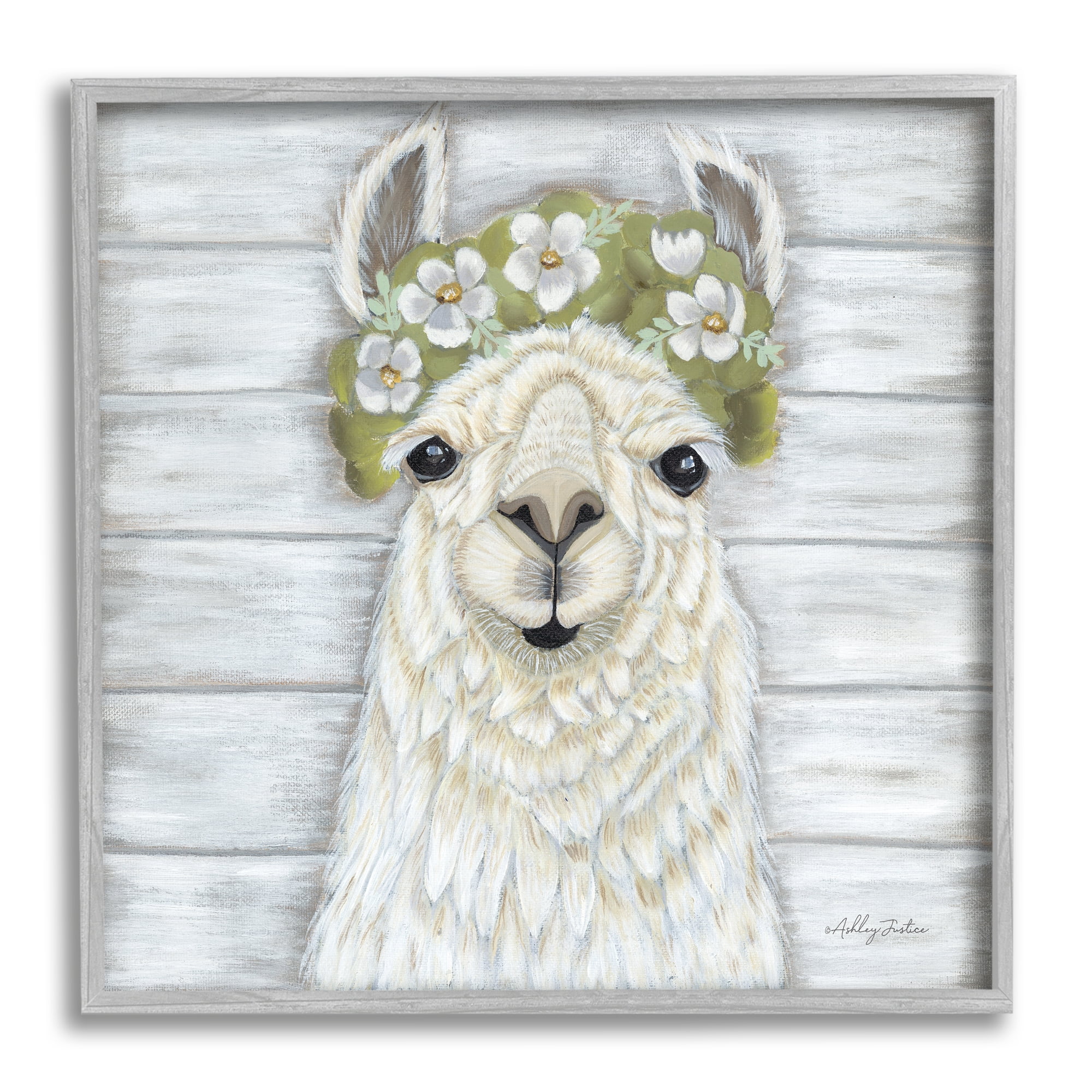Stupell Smiling Llama Country Floral Blooms Animals & Insects Painting Gray Framed Art Print Wall Art