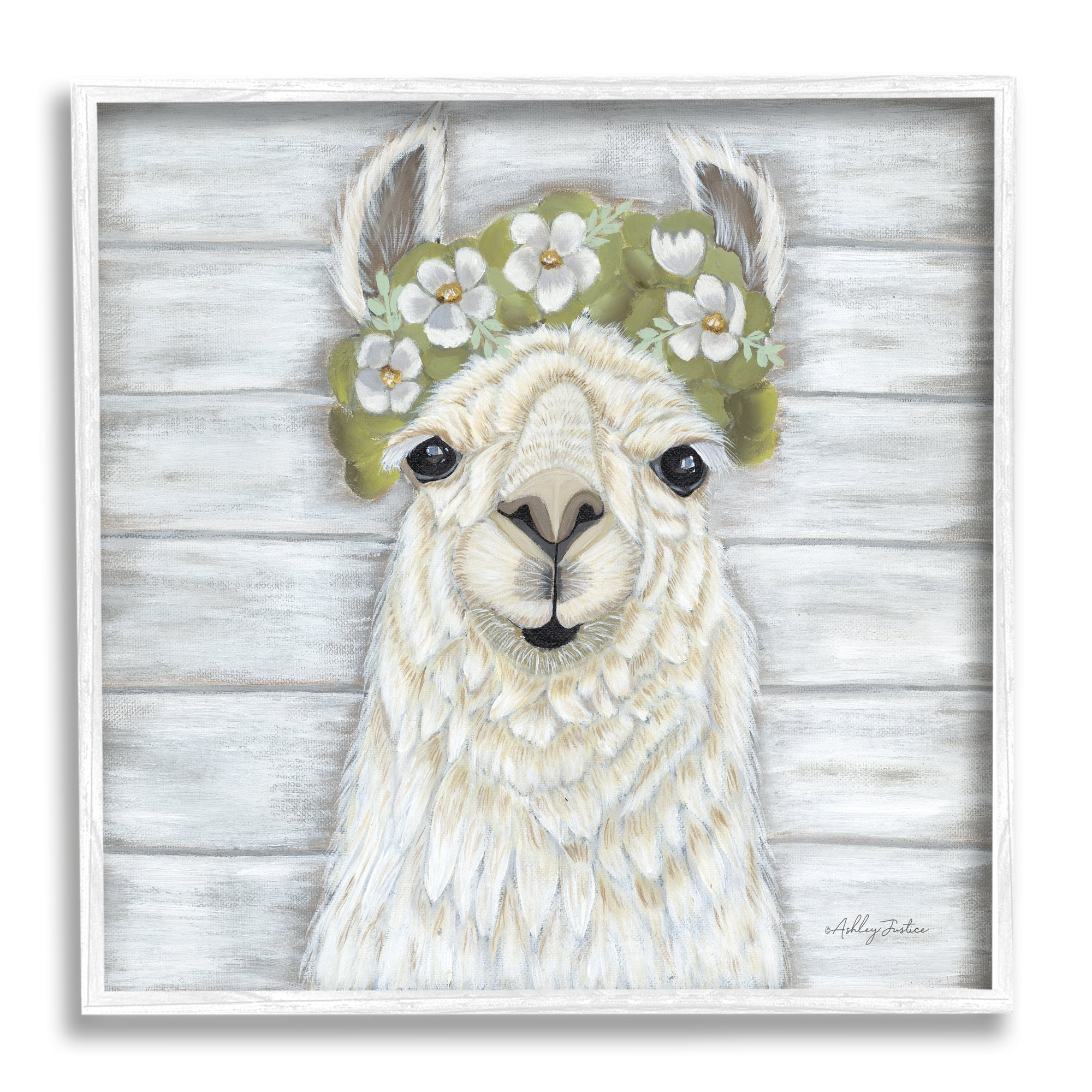 Stupell Smiling Llama Country Floral Blooms Animals & Insects Painting White Framed Art Print Wall Art