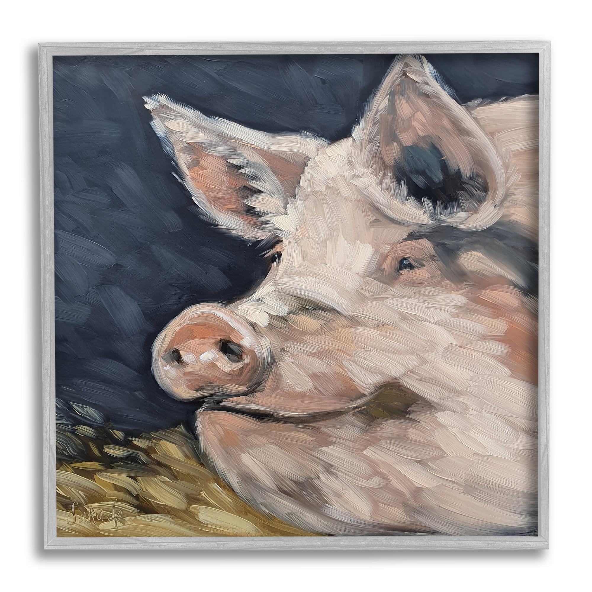 Stupell Smiling Pig Farmhouse Animal Animals & Insects Painting Gray Framed Art Print Wall Art
