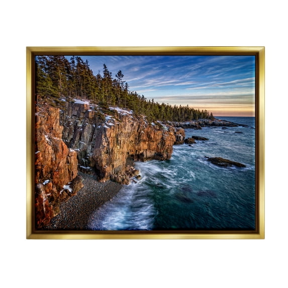 Stupell Snowy Cliffs Ocean Tide Waves Landscape Photography Gold Floater Framed Art Print Wall Art