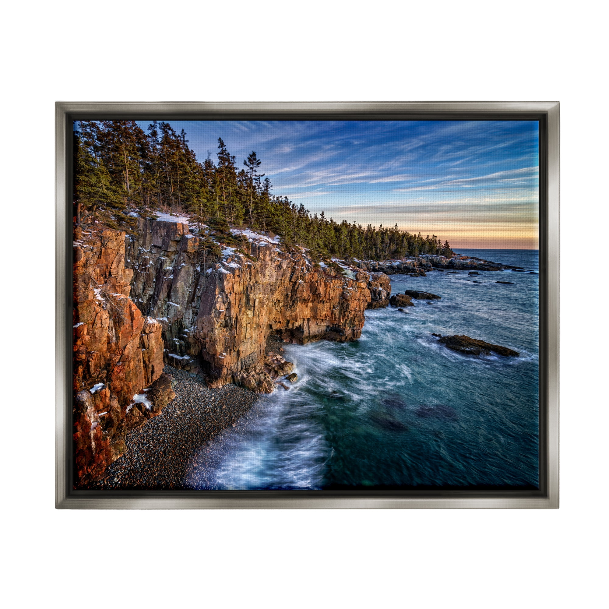Stupell Snowy Cliffs Ocean Tide Waves Landscape Photography Gray Floater Framed Art Print Wall Art