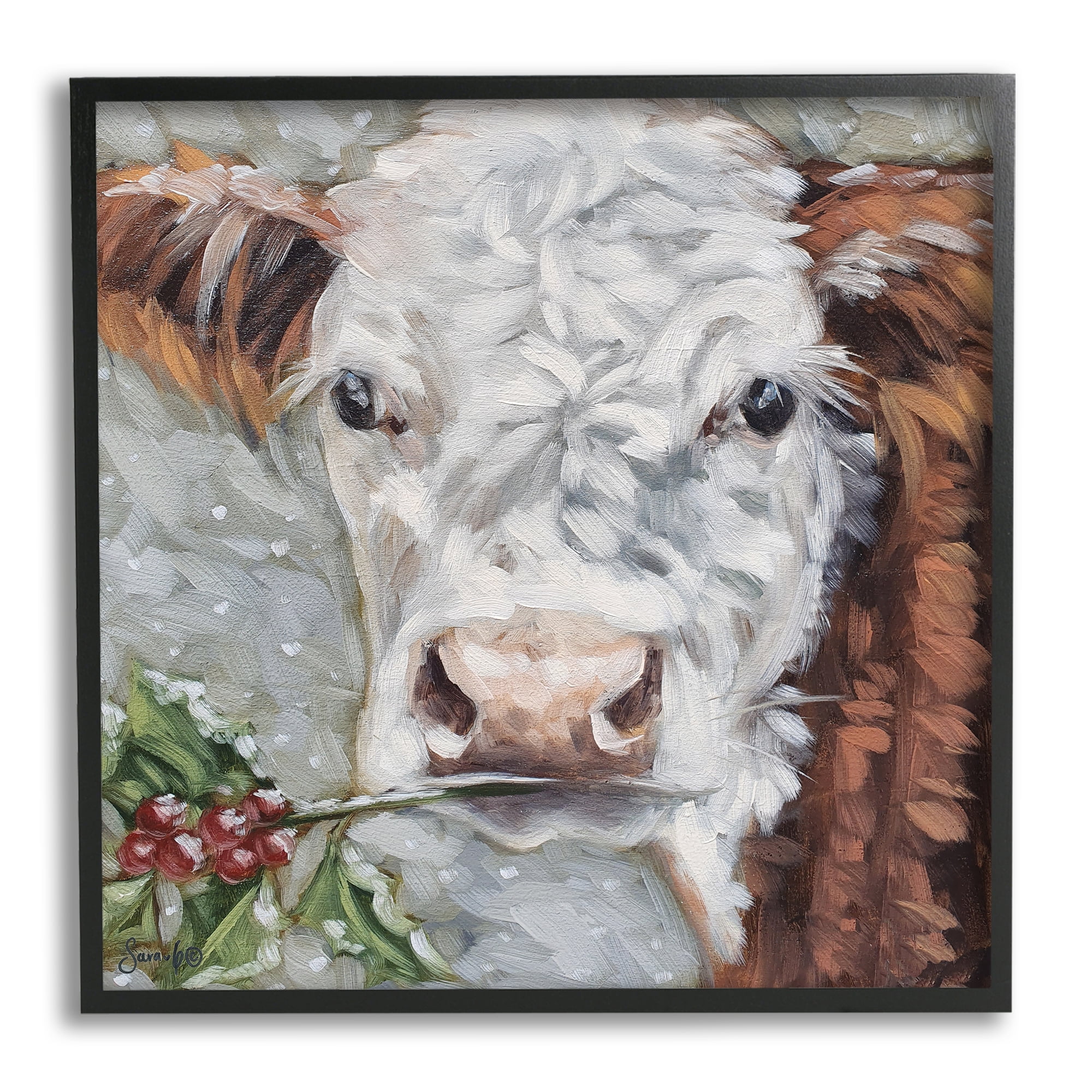 Stupell Snowy Winter Cow Holly Berries Animals & Insects Painting Black Framed Art Print Wall Art