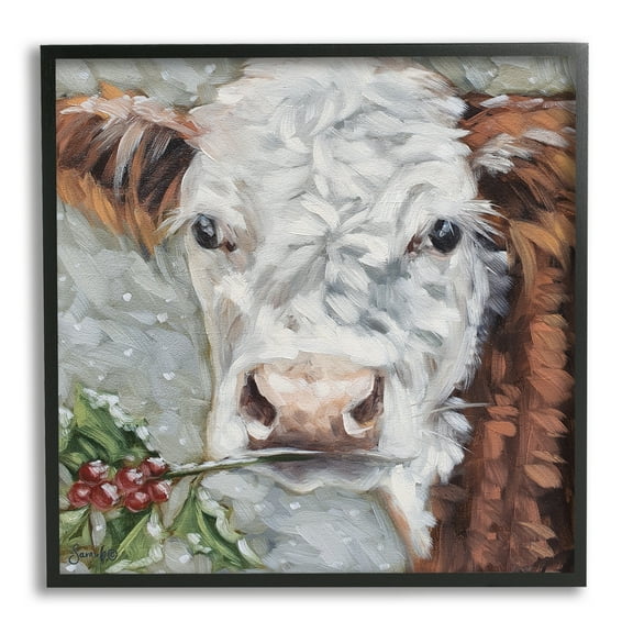 Stupell Snowy Winter Cow Holly Berries Animals & Insects Painting Black Framed Art Print Wall Art