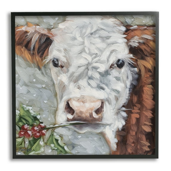 Stupell Snowy Winter Cow Holly Berries Animals & Insects Painting Black Framed Art Print Wall Art
